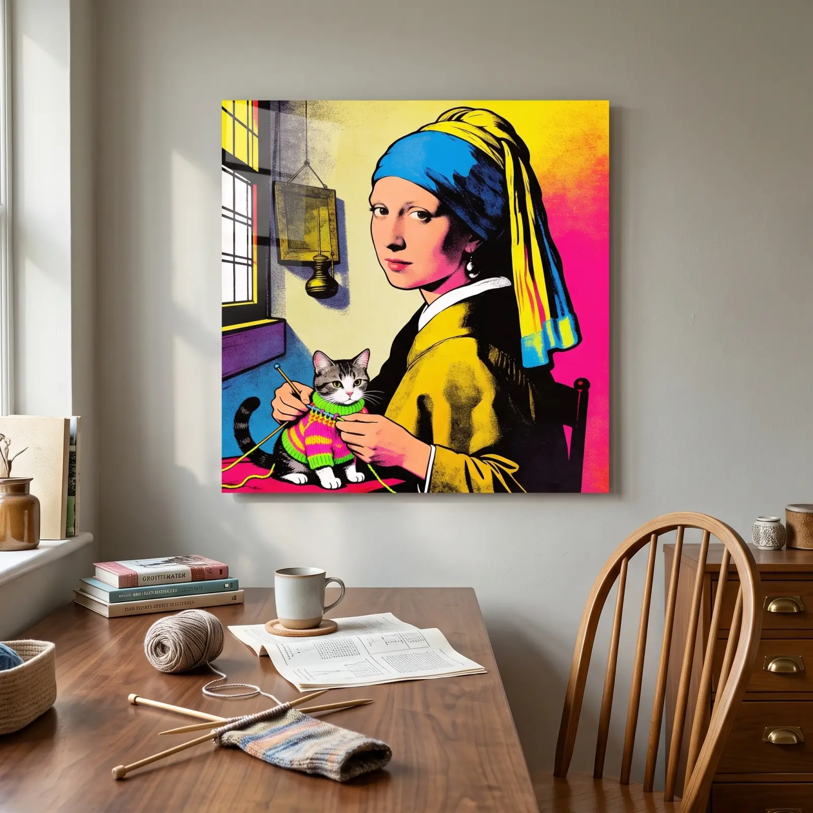 Pop Art Girl With Pearl Earring Cat Knitting Glass Wall Art