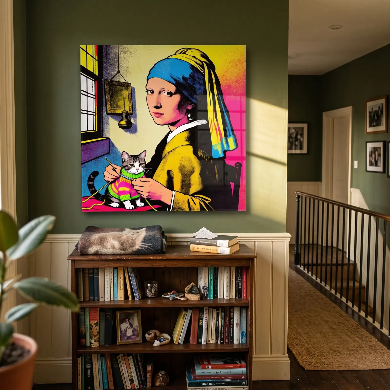 Pop Art Girl With Pearl Earring Cat Knitting Glass Wall Art — 2