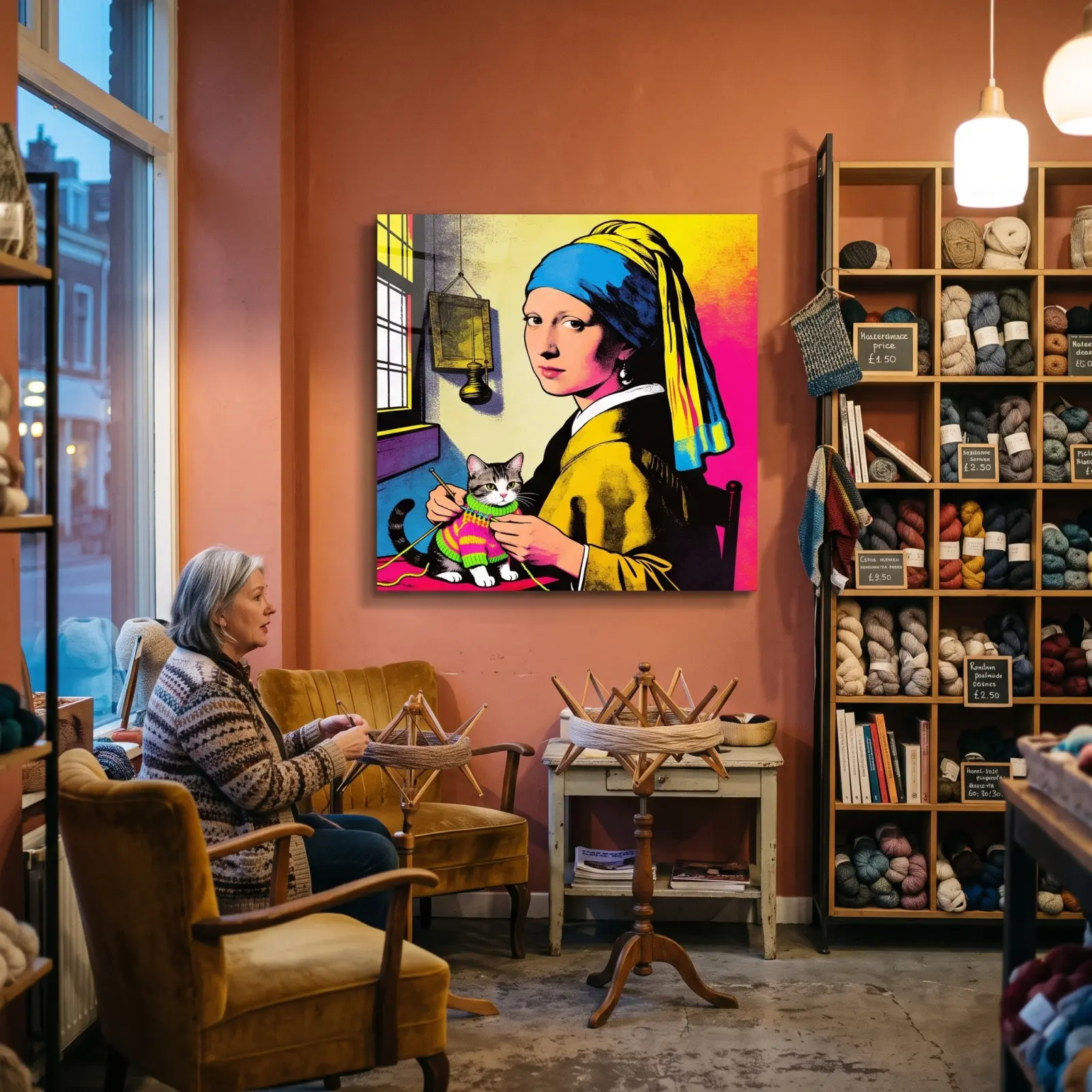 Pop Art Girl With Pearl Earring Cat Knitting Glass Wall Art — 3