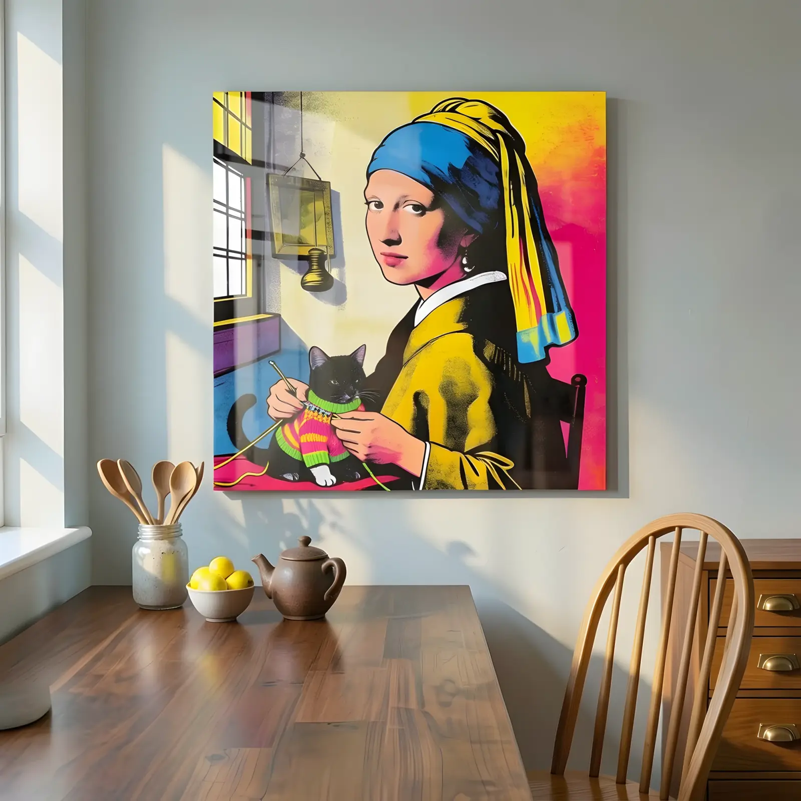Pop Art Girl With Pearl Earring Cat Knitting Glass Wall Art — 4