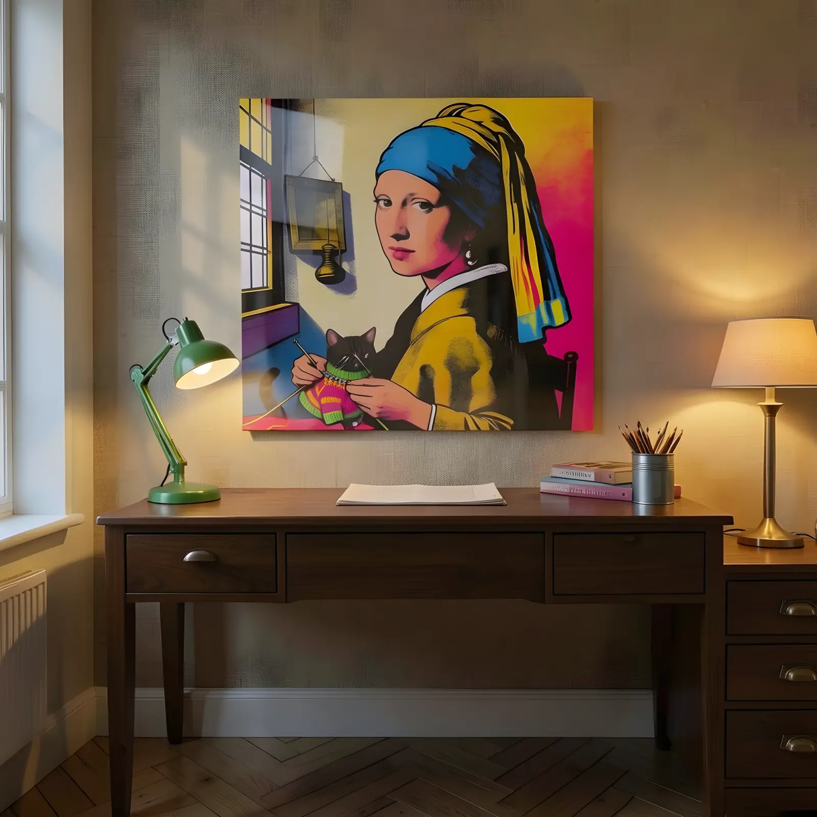 Pop Art Girl With Pearl Earring Cat Knitting Glass Wall Art — 5