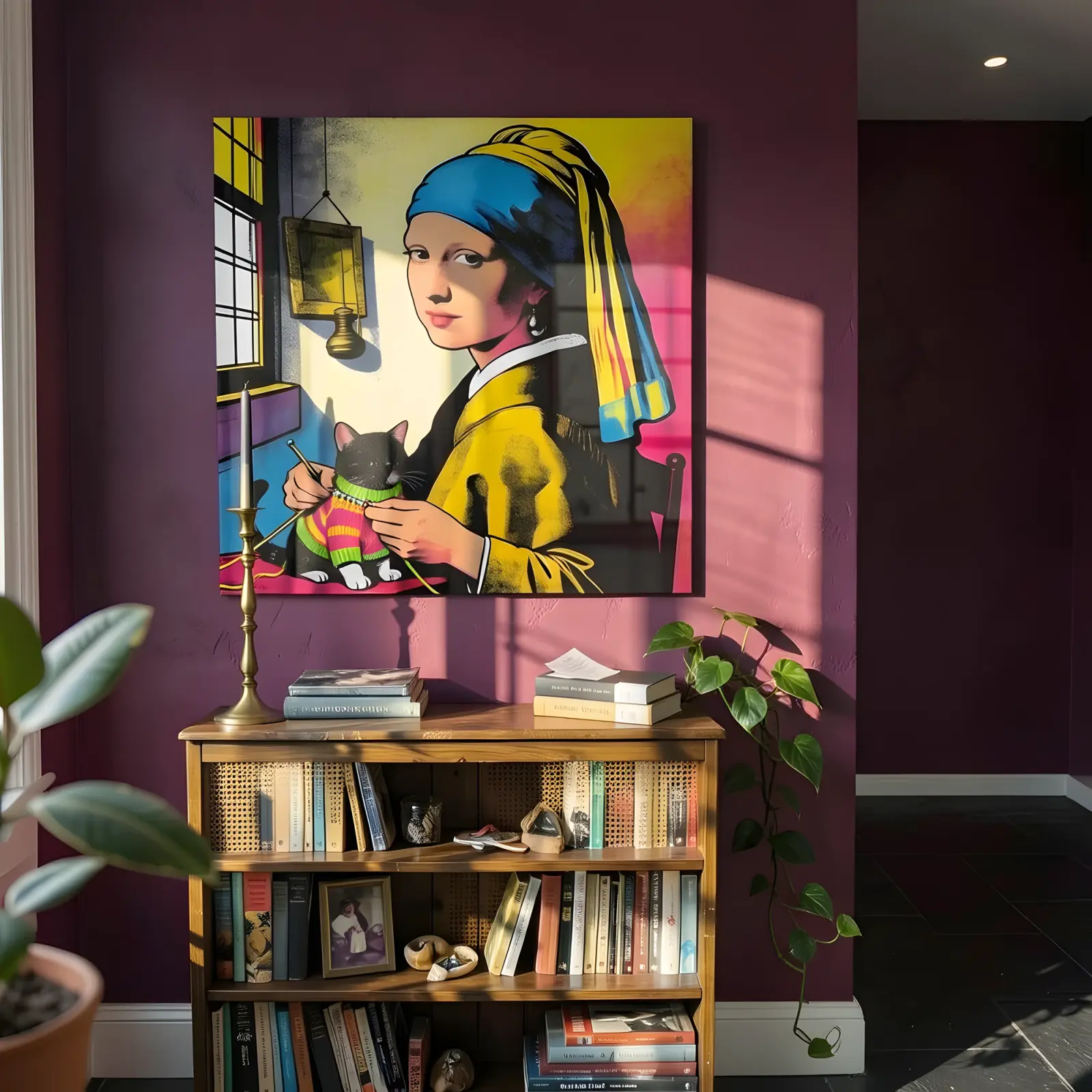 Pop Art Girl With Pearl Earring Cat Knitting Glass Wall Art — 6