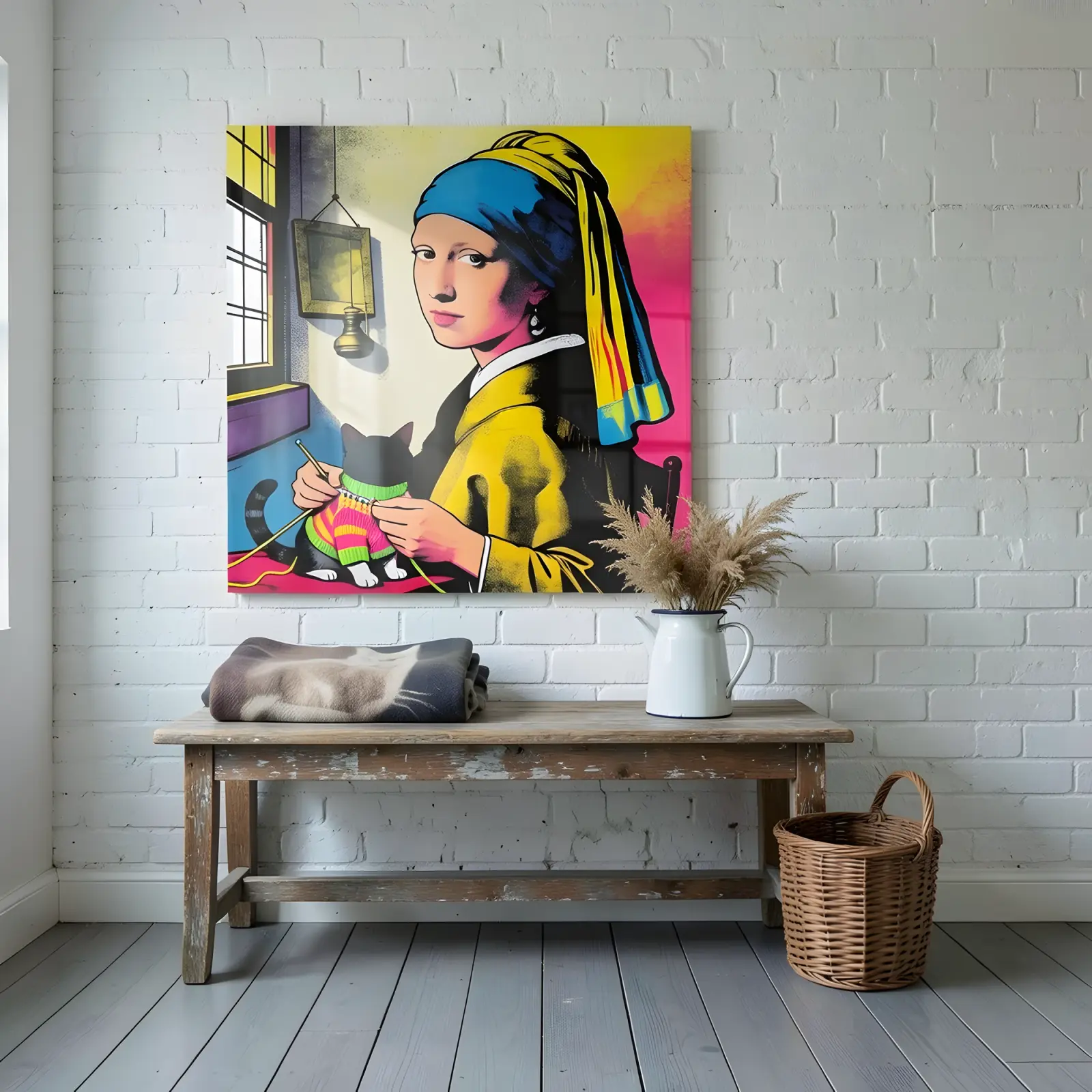 Pop Art Girl With Pearl Earring Cat Knitting Glass Wall Art — 7