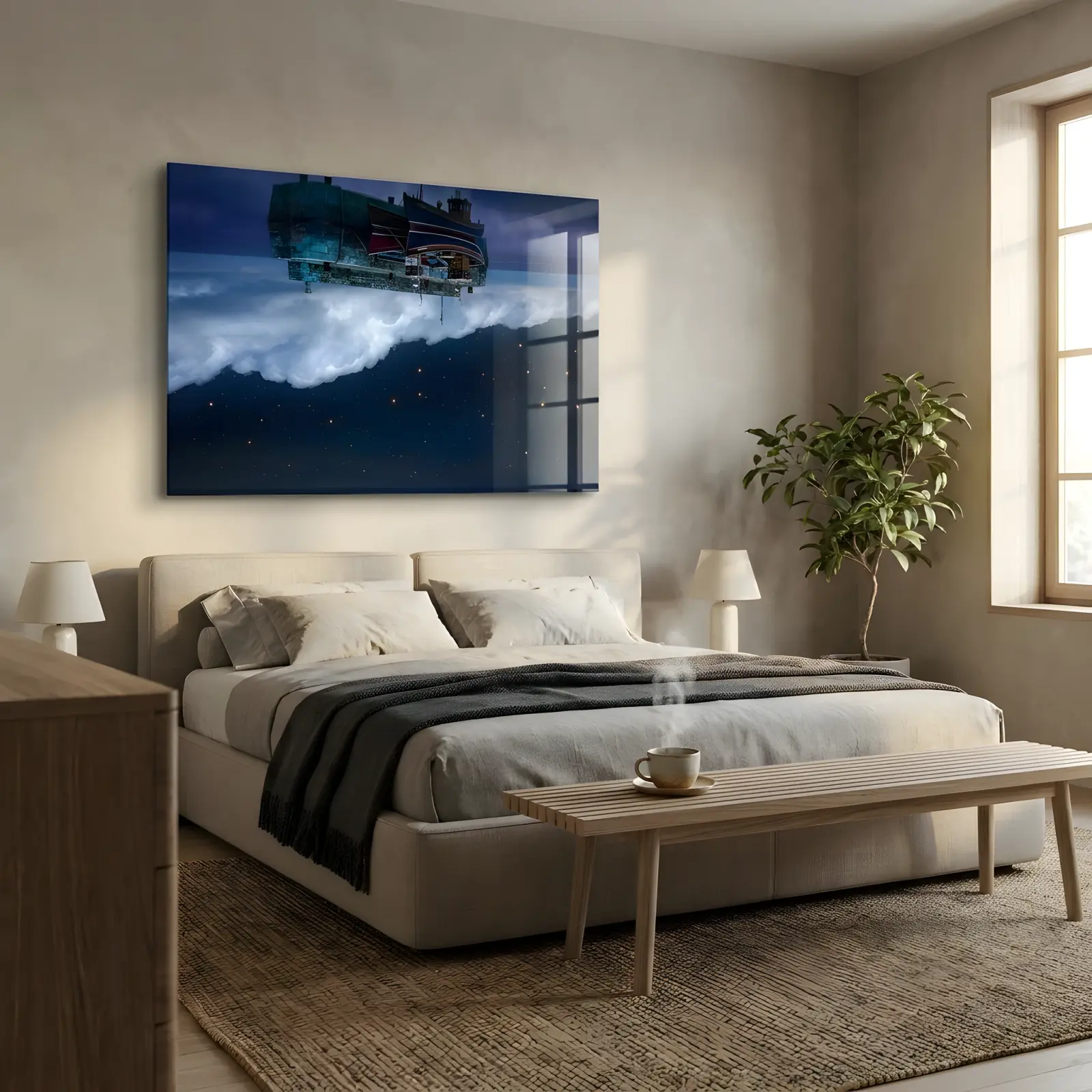 Surreal Harbor Night Sky Floating Pier | Glass Wall Art — 2