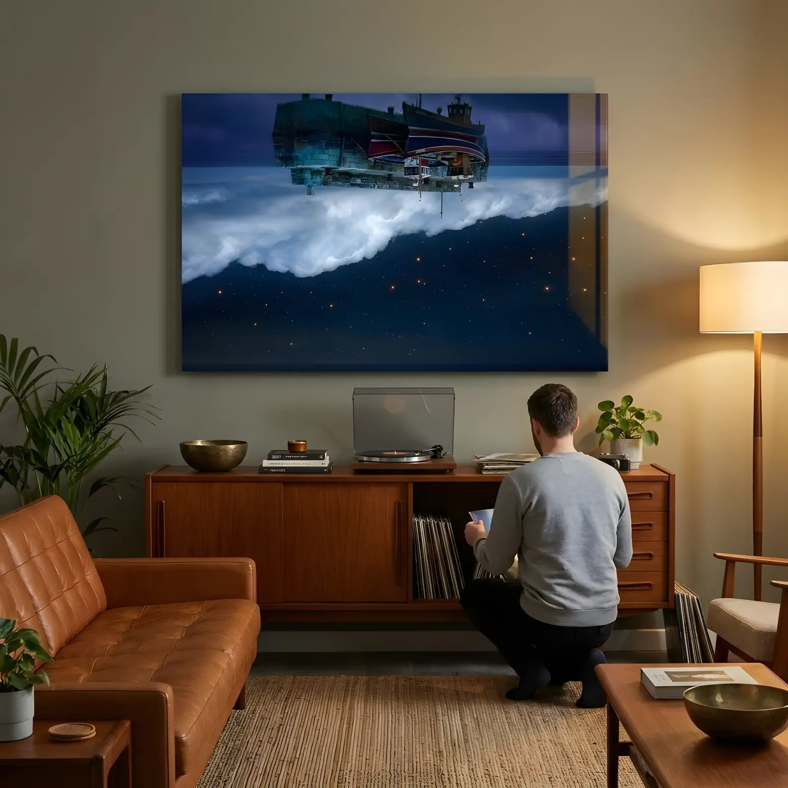 Surreal Harbor Night Sky Floating Pier | Glass Wall Art — 3