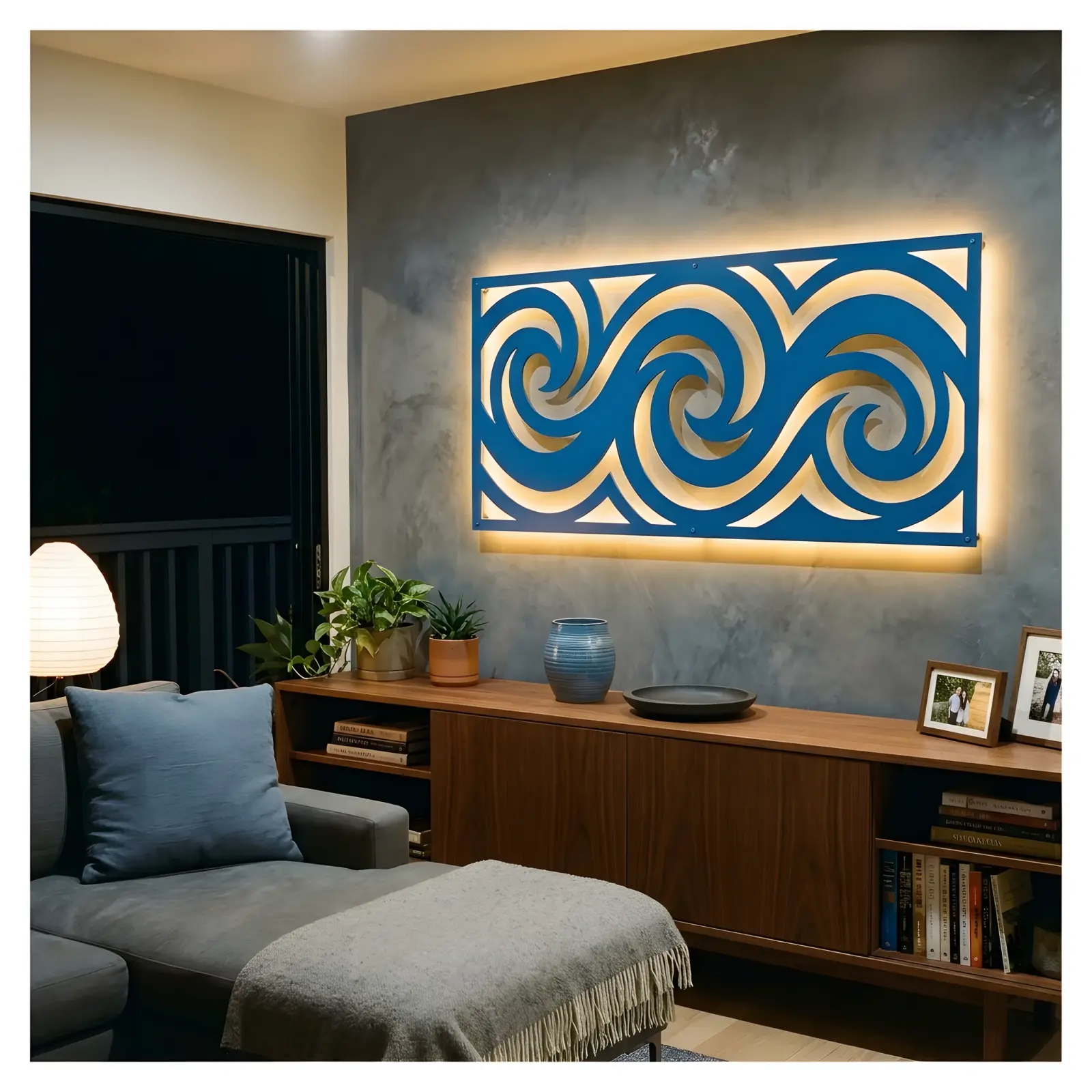 Ocean Wave Spiral Metal Wall Art LED Backlit – Tide Coil, Living Room Decor