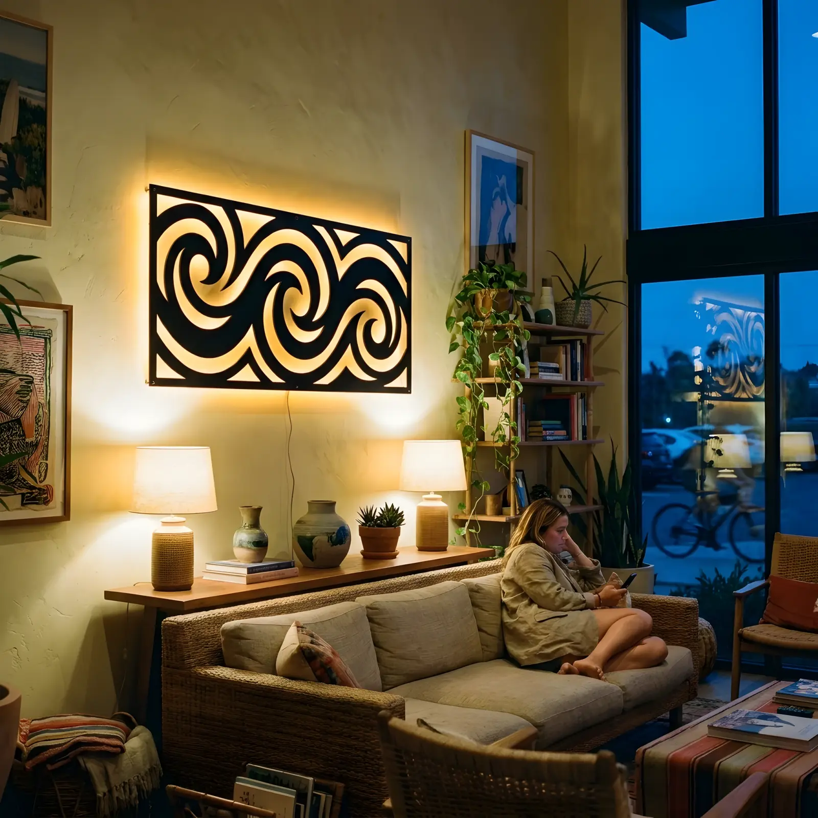 Ocean Wave Spiral Metal Wall Art LED Backlit – Tide Coil, Living Room Decor — 5