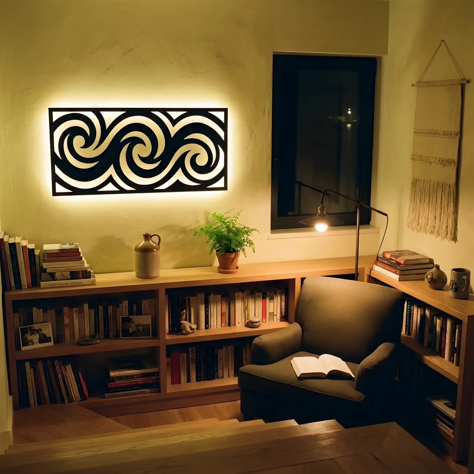 Ocean Wave Spiral Metal Wall Art LED Backlit – Tide Coil, Living Room Decor — 7