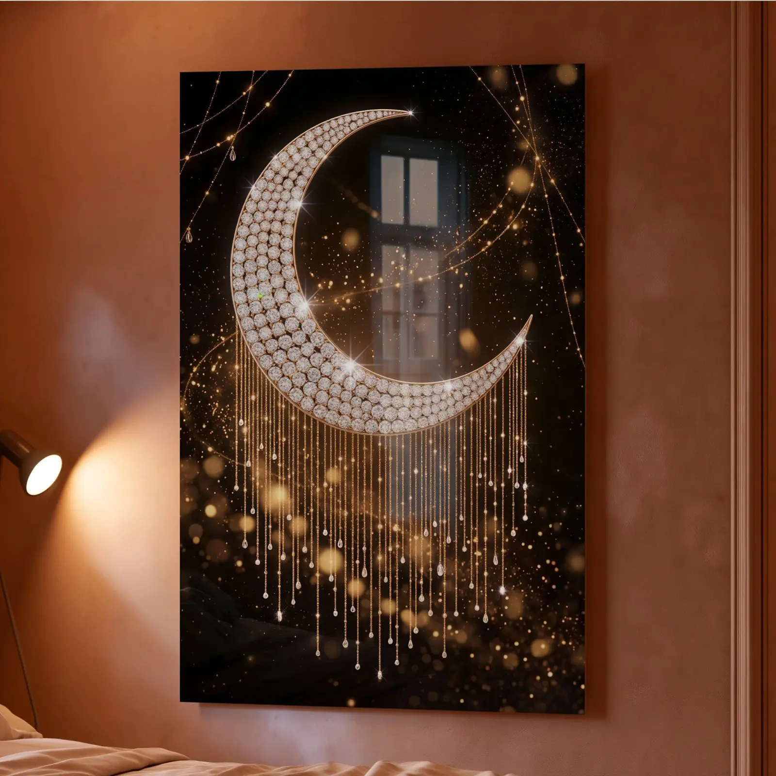 Jeweled Crescent Moon Night Sky Luxury Glass Wall Art
