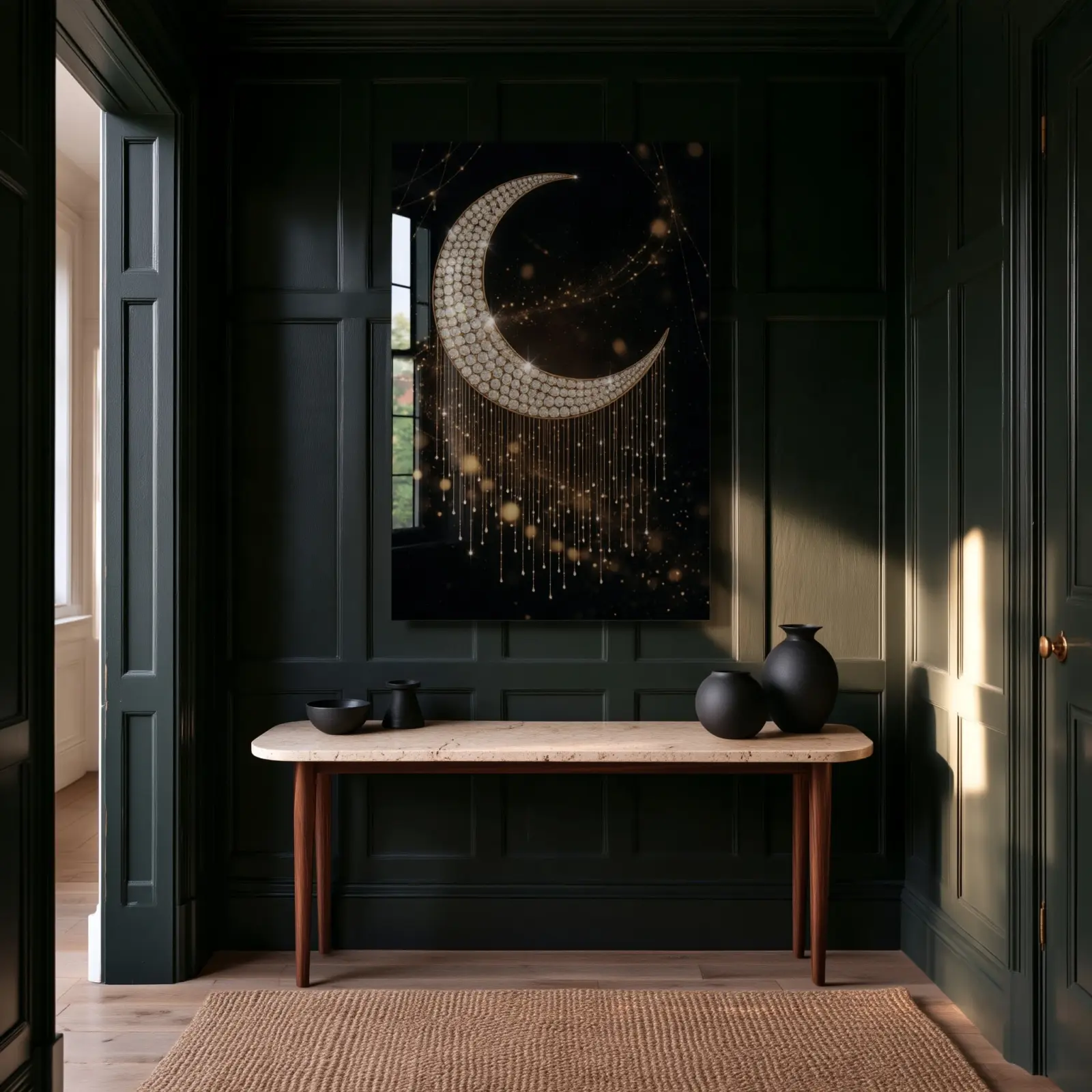 Jeweled Crescent Moon Night Sky Luxury Glass Wall Art — 3