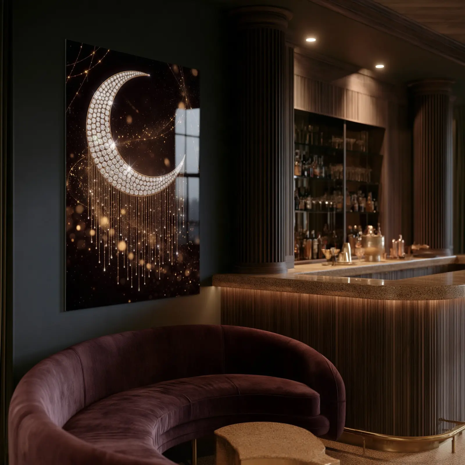 Jeweled Crescent Moon Night Sky Luxury Glass Wall Art — 5