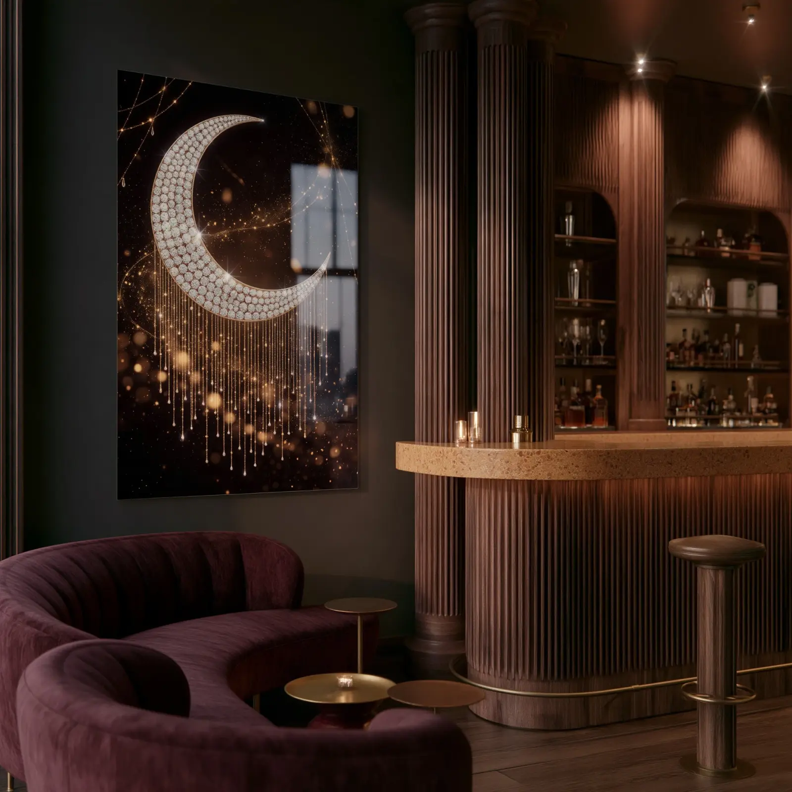 Jeweled Crescent Moon Night Sky Luxury Glass Wall Art — 6