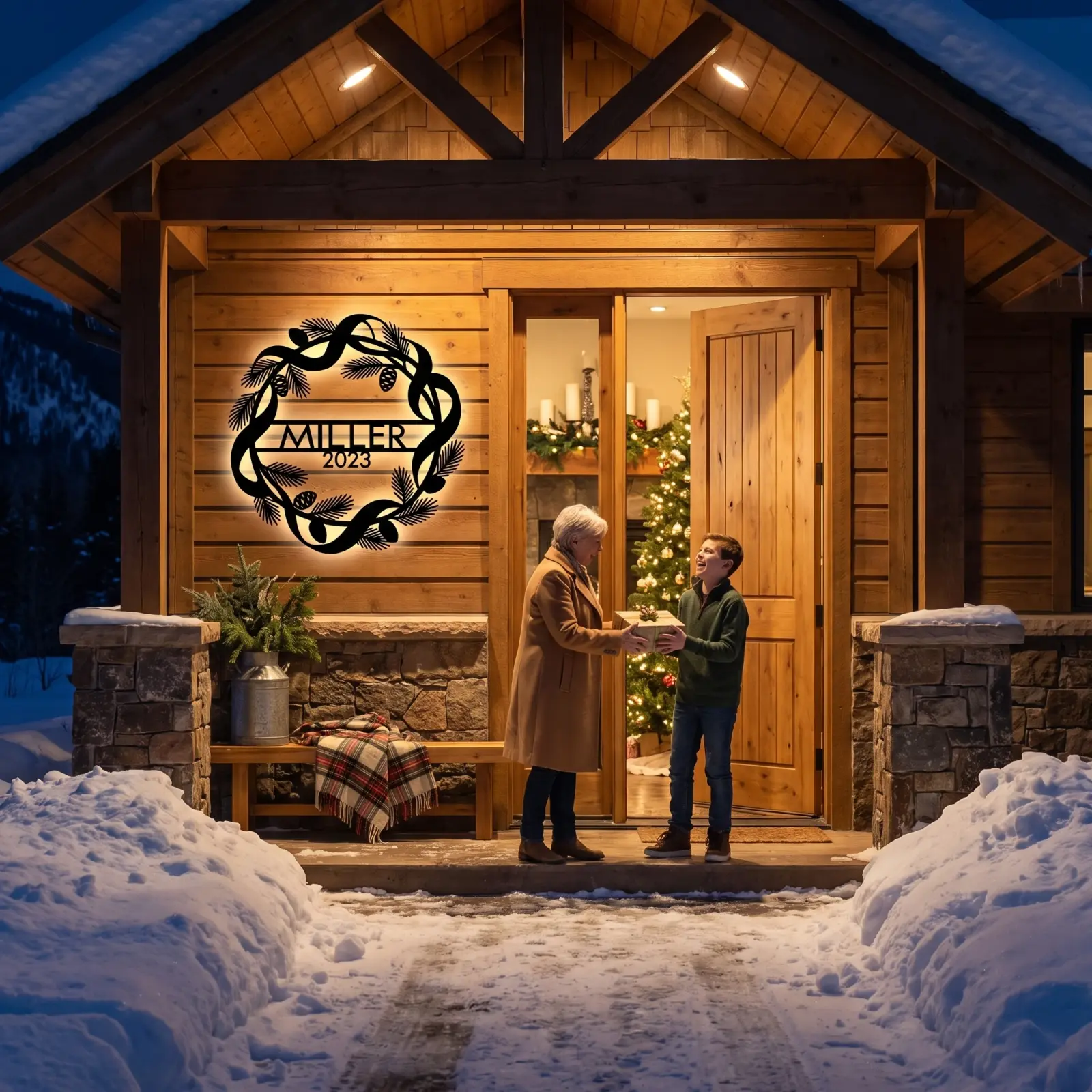 Personalized Christmas Wreath Metal Wall Art LED Backlit – Winter Crest, Front Porch Family Decor