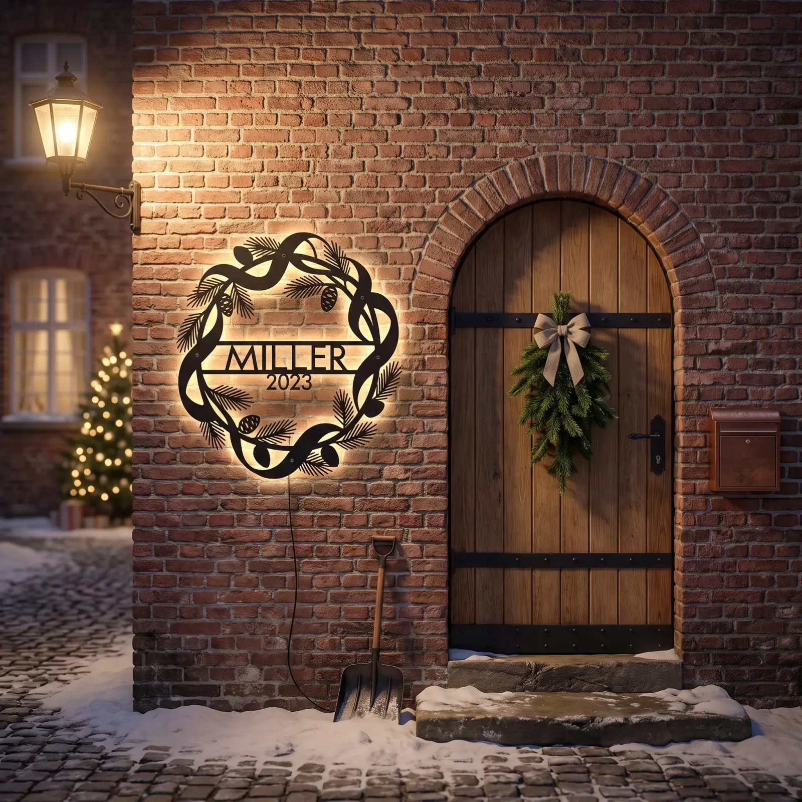 Personalized Christmas Wreath Metal Wall Art LED Backlit – Winter Crest, Front Porch Family Decor — 3