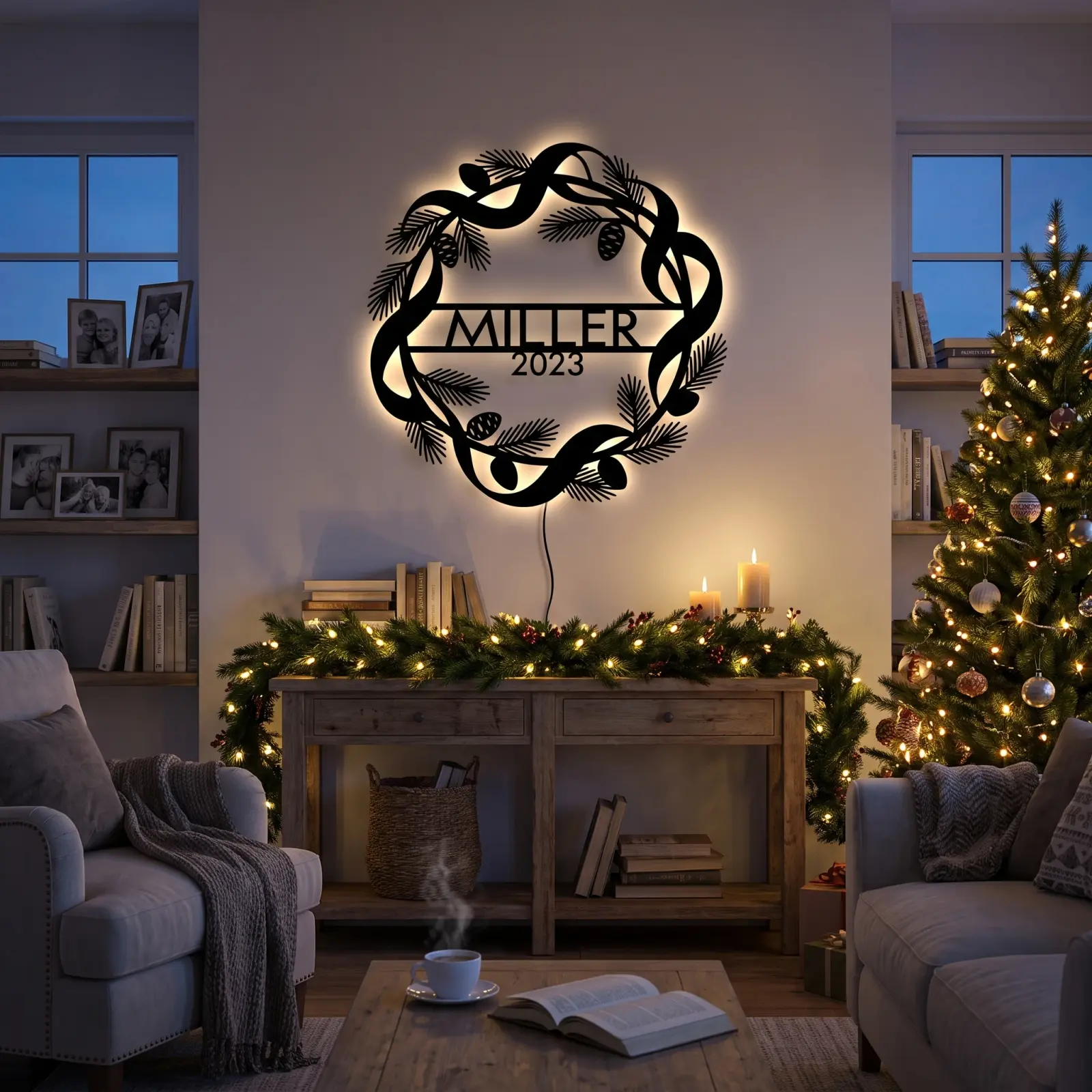 Personalized Christmas Wreath Metal Wall Art LED Backlit – Winter Crest, Front Porch Family Decor — 4