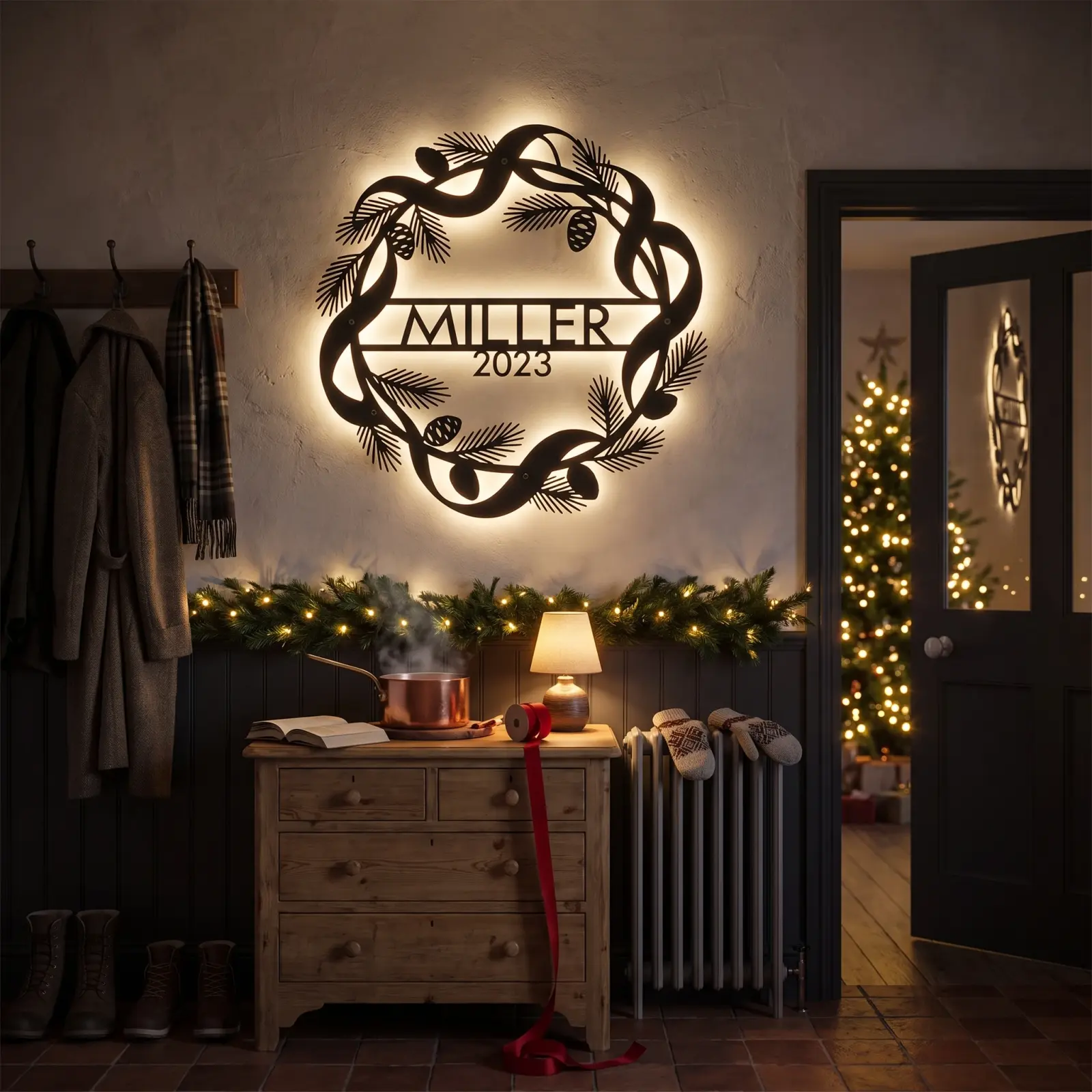 Personalized Christmas Wreath Metal Wall Art LED Backlit – Winter Crest, Front Porch Family Decor — 7