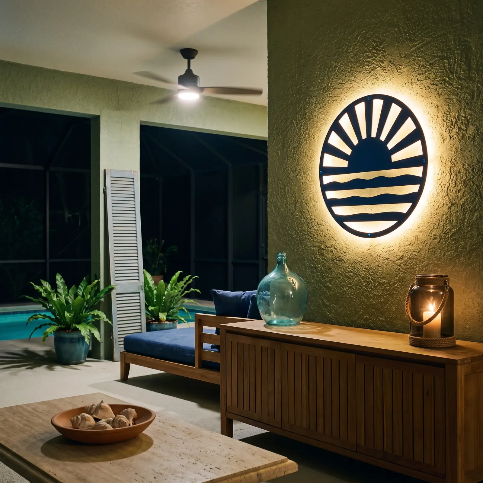 Outdoor Metal Wall Art LED Backlit Sun Over Water – Tide Ember, Patio Garden Decor
