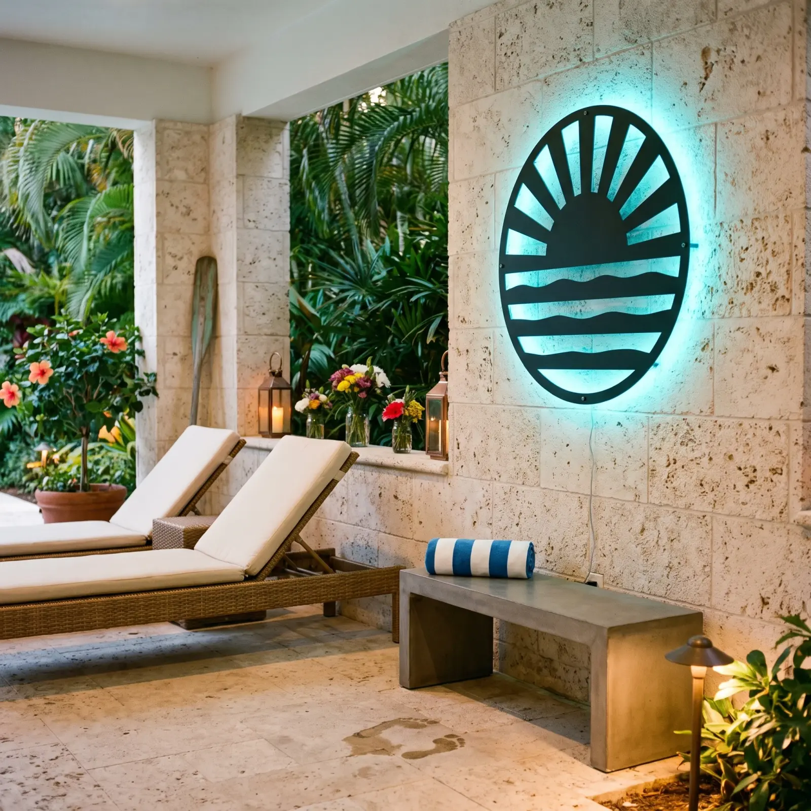Outdoor Metal Wall Art LED Backlit Sun Over Water – Tide Ember, Patio Garden Decor — 3