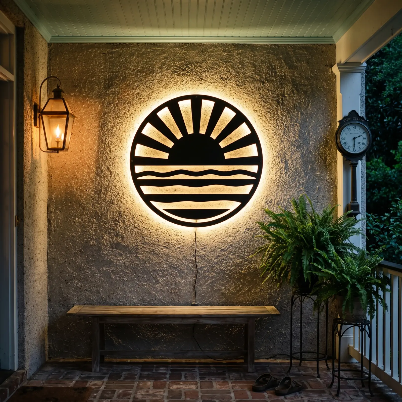 Outdoor Metal Wall Art LED Backlit Sun Over Water – Tide Ember, Patio Garden Decor — 4