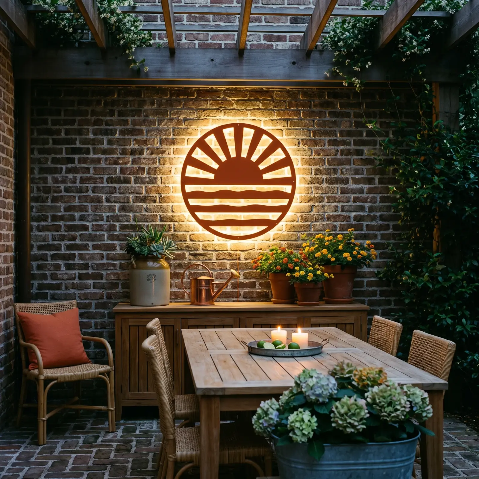 Outdoor Metal Wall Art LED Backlit Sun Over Water – Tide Ember, Patio Garden Decor — 6