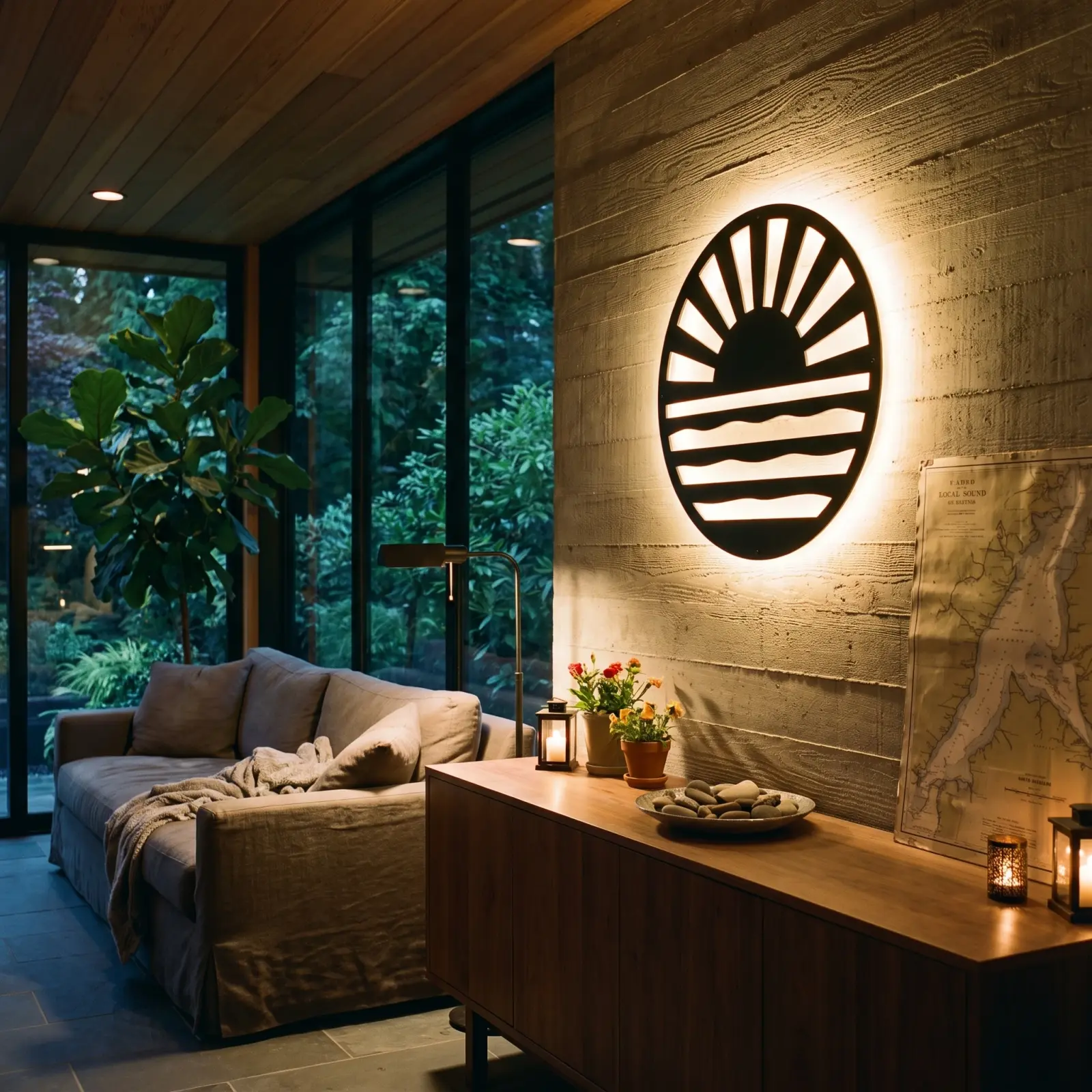 Outdoor Metal Wall Art LED Backlit Sun Over Water – Tide Ember, Patio Garden Decor — 8