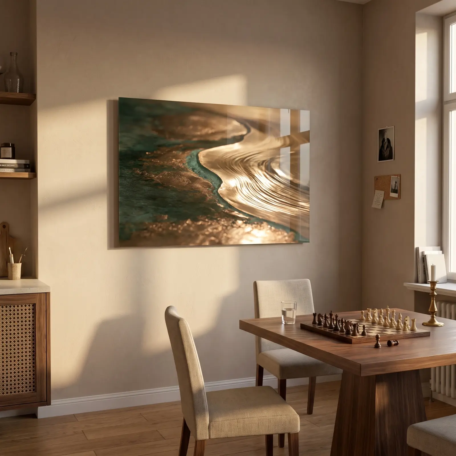 Gold Abstract Coastline Teal Patina Art | Glass Wall Art
