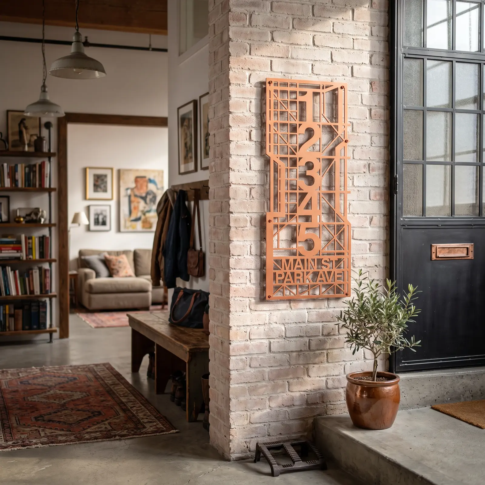 Custom House Number Street Name Metal Wall Art – Foundry Grid, Industrial Entryway Decor