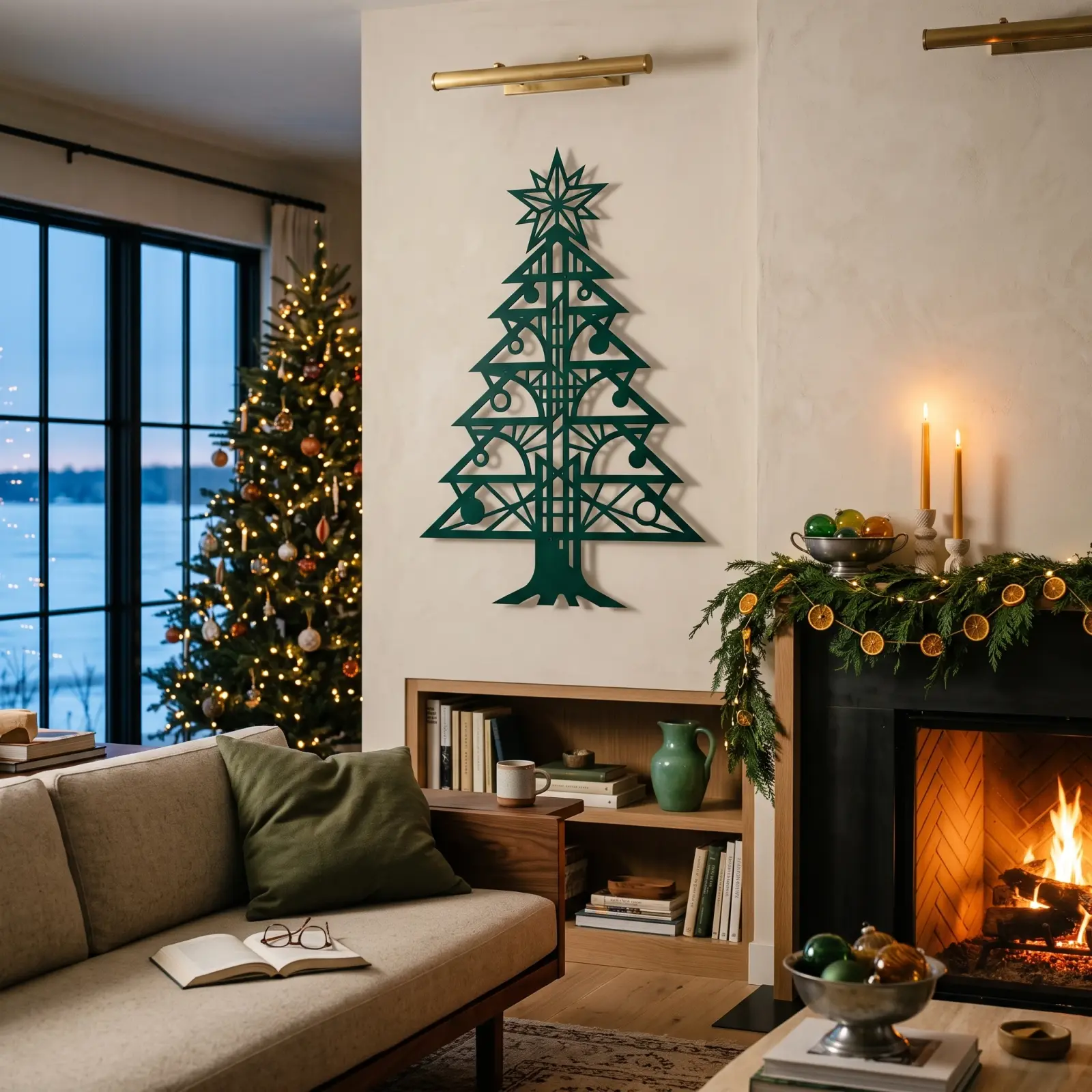 Christmas Tree Metal Wall Art Modern – Lantern Fir, Living Room Mantel Holiday Decor