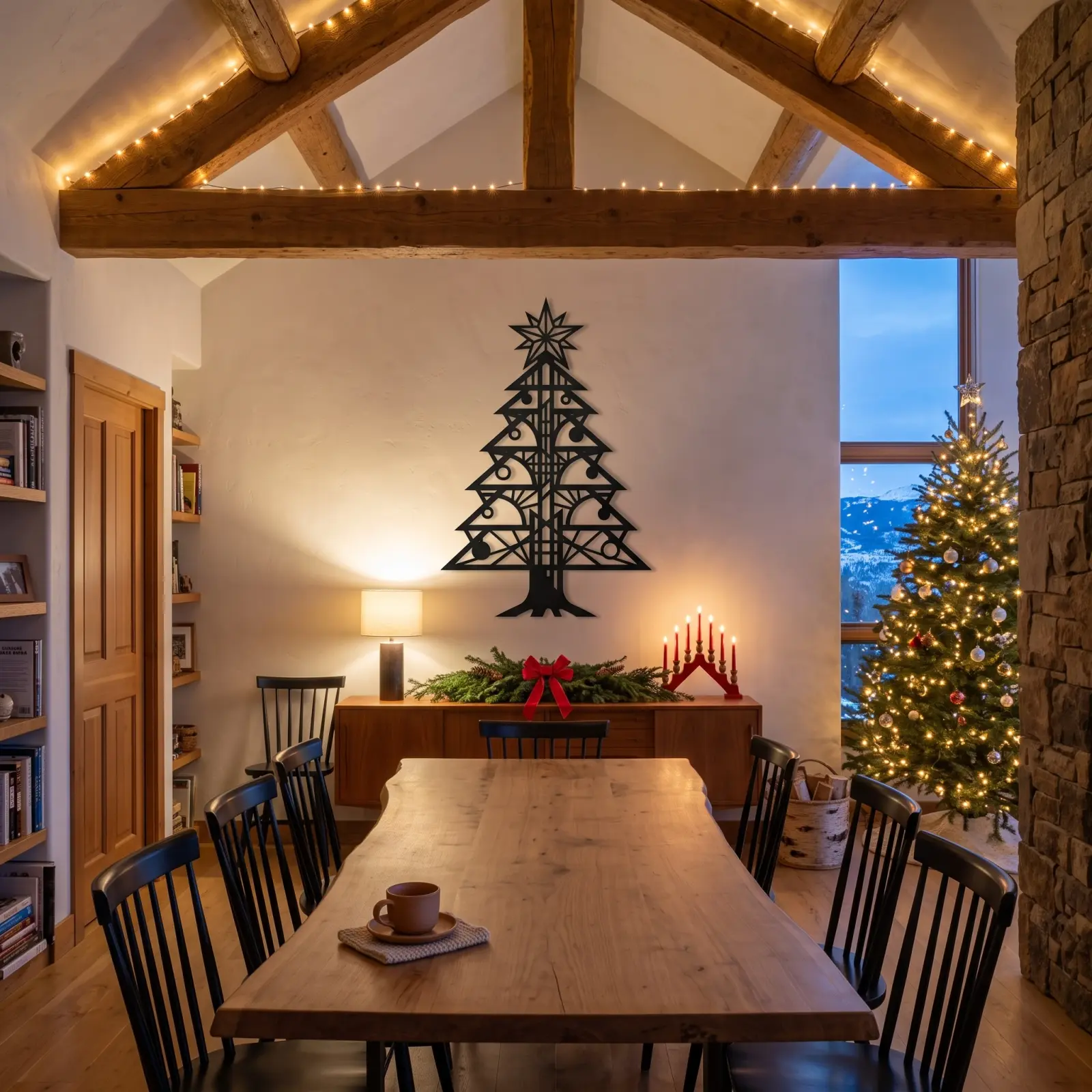Christmas Tree Metal Wall Art Modern – Lantern Fir, Living Room Mantel Holiday Decor — 2