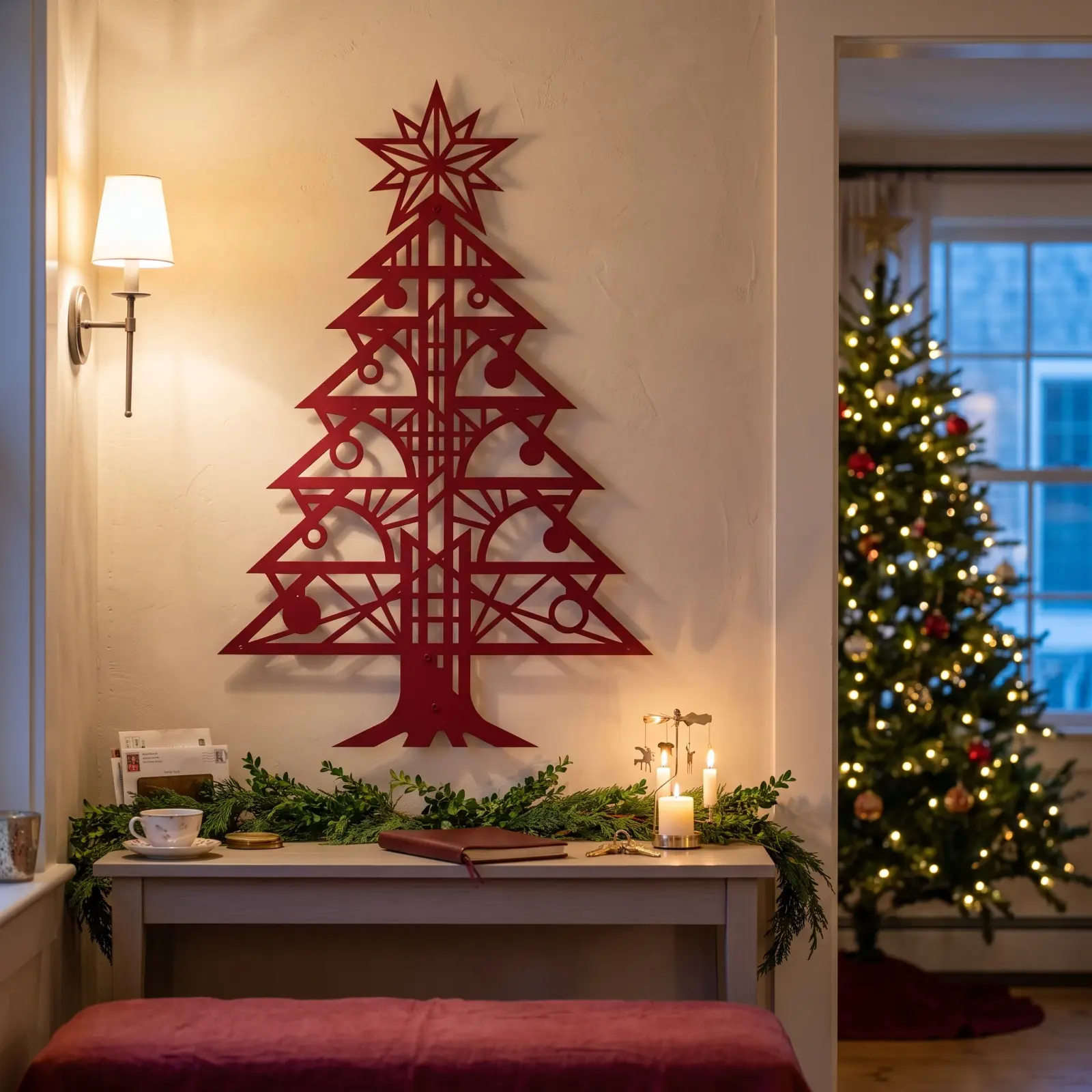 Christmas Tree Metal Wall Art Modern – Lantern Fir, Living Room Mantel Holiday Decor — 3