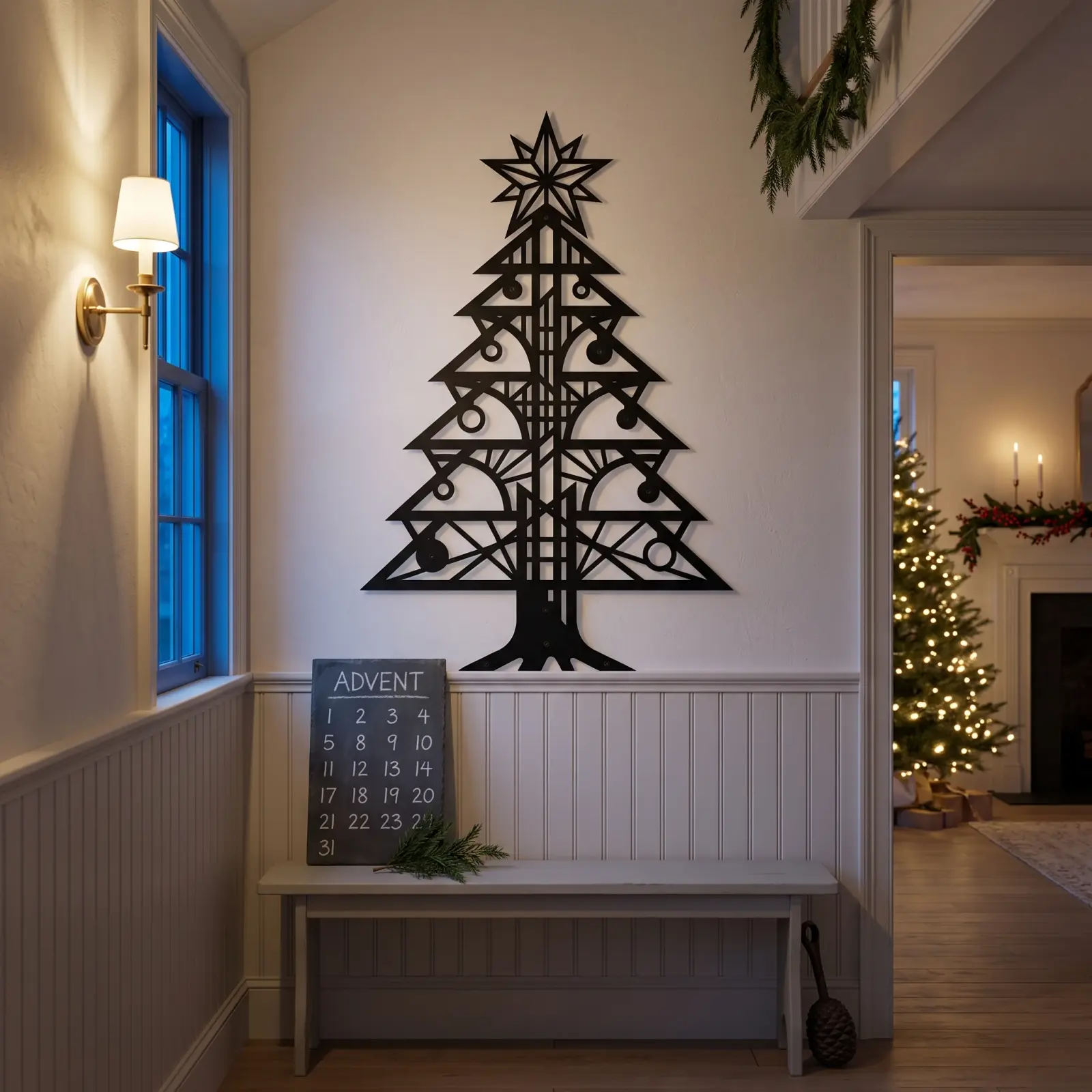 Christmas Tree Metal Wall Art Modern – Lantern Fir, Living Room Mantel Holiday Decor — 4