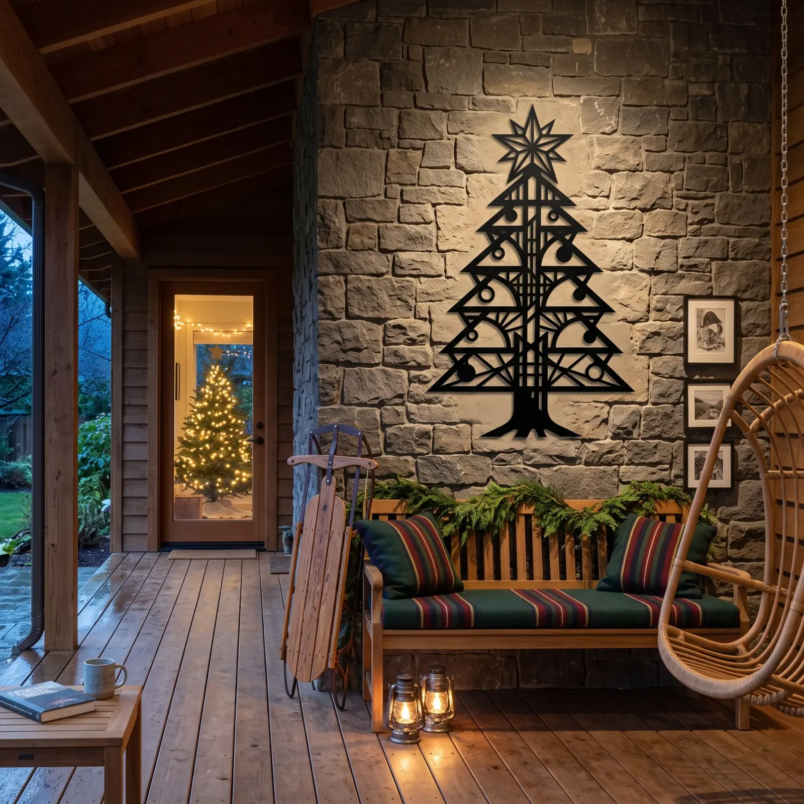 Christmas Tree Metal Wall Art Modern – Lantern Fir, Living Room Mantel Holiday Decor — 6