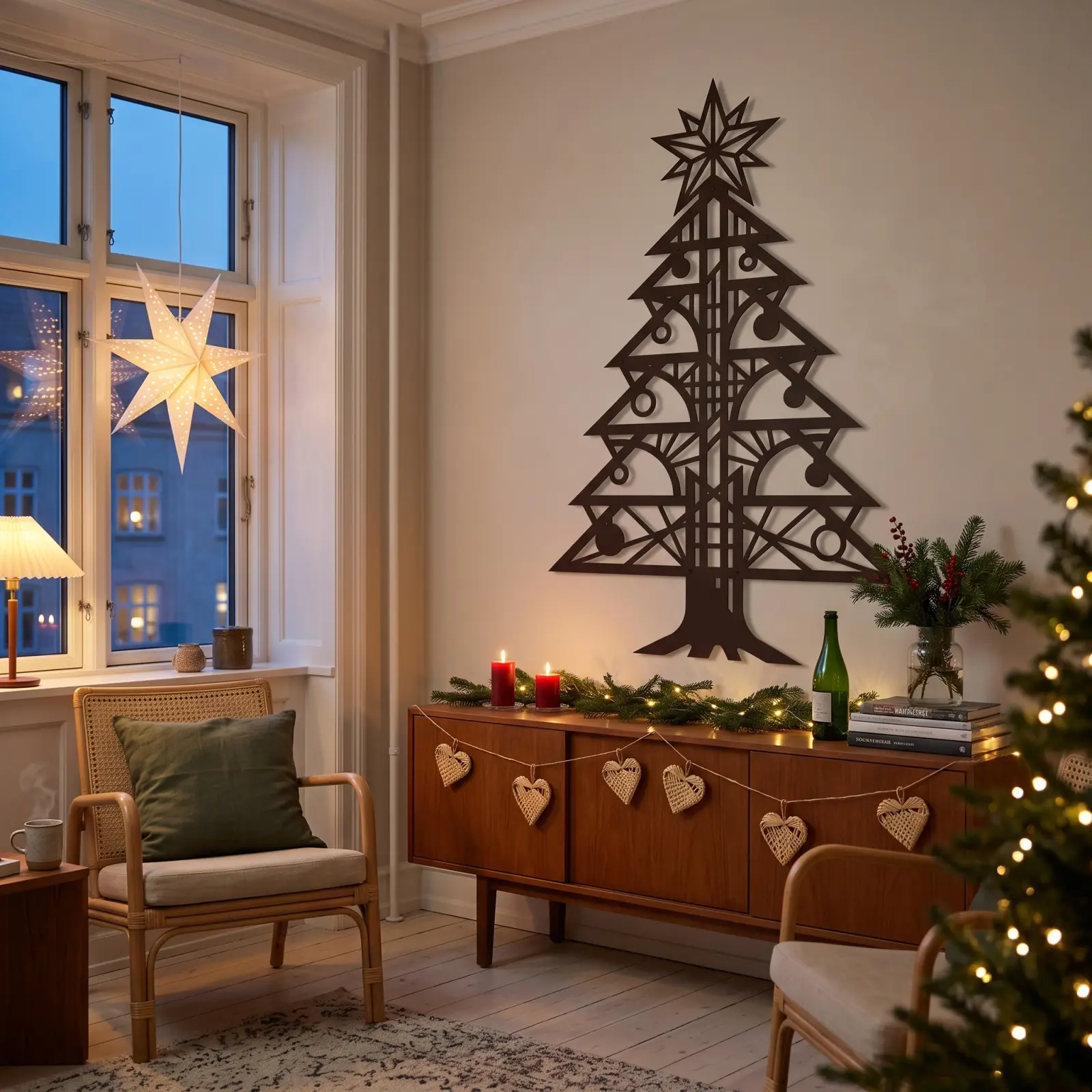 Christmas Tree Metal Wall Art Modern – Lantern Fir, Living Room Mantel Holiday Decor — 8