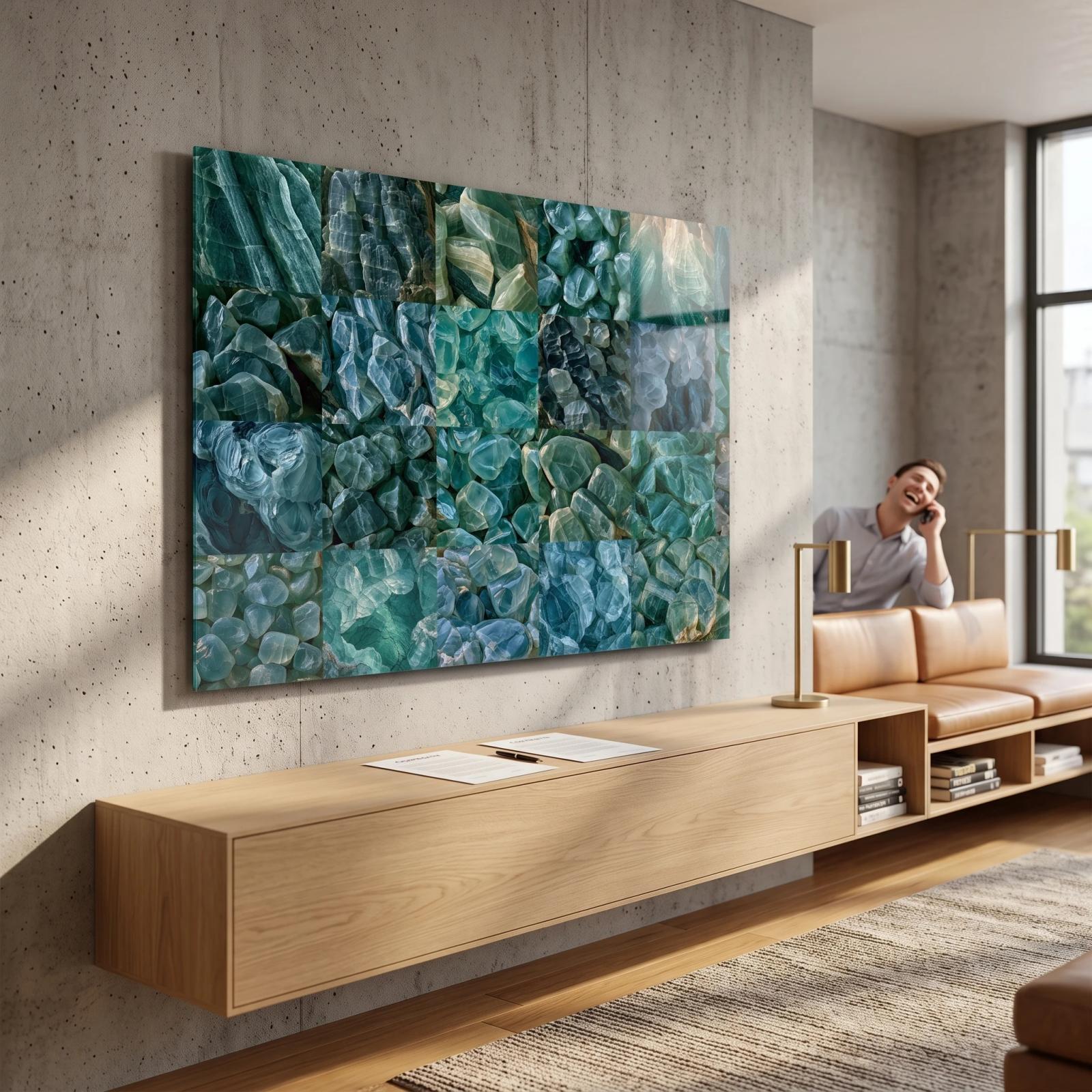 Teal Crystal Abstract Wall Art Faceted Mineral Glass Wall Art