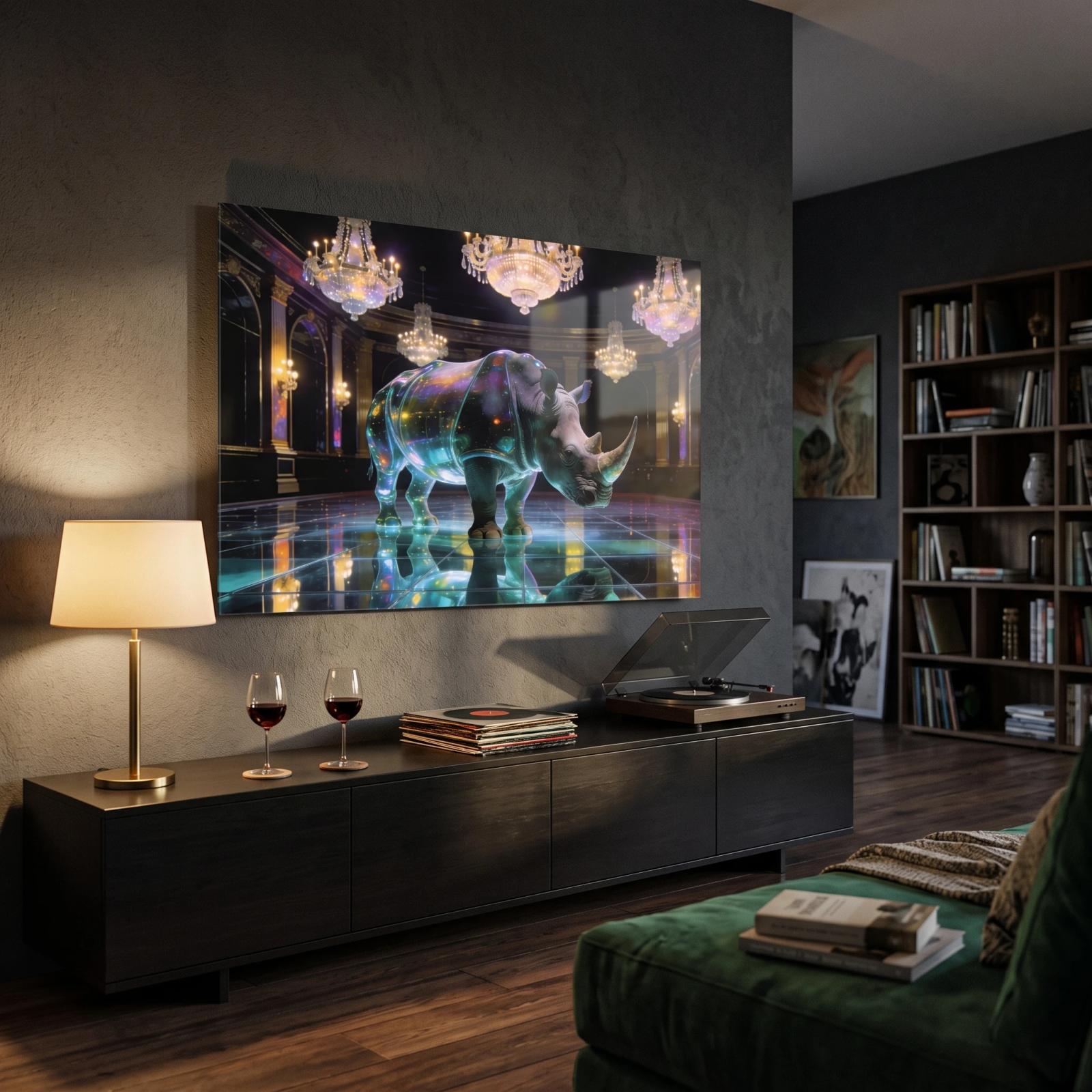 Iridescent Rhino Ballroom Surreal Animal Glass Wall Art