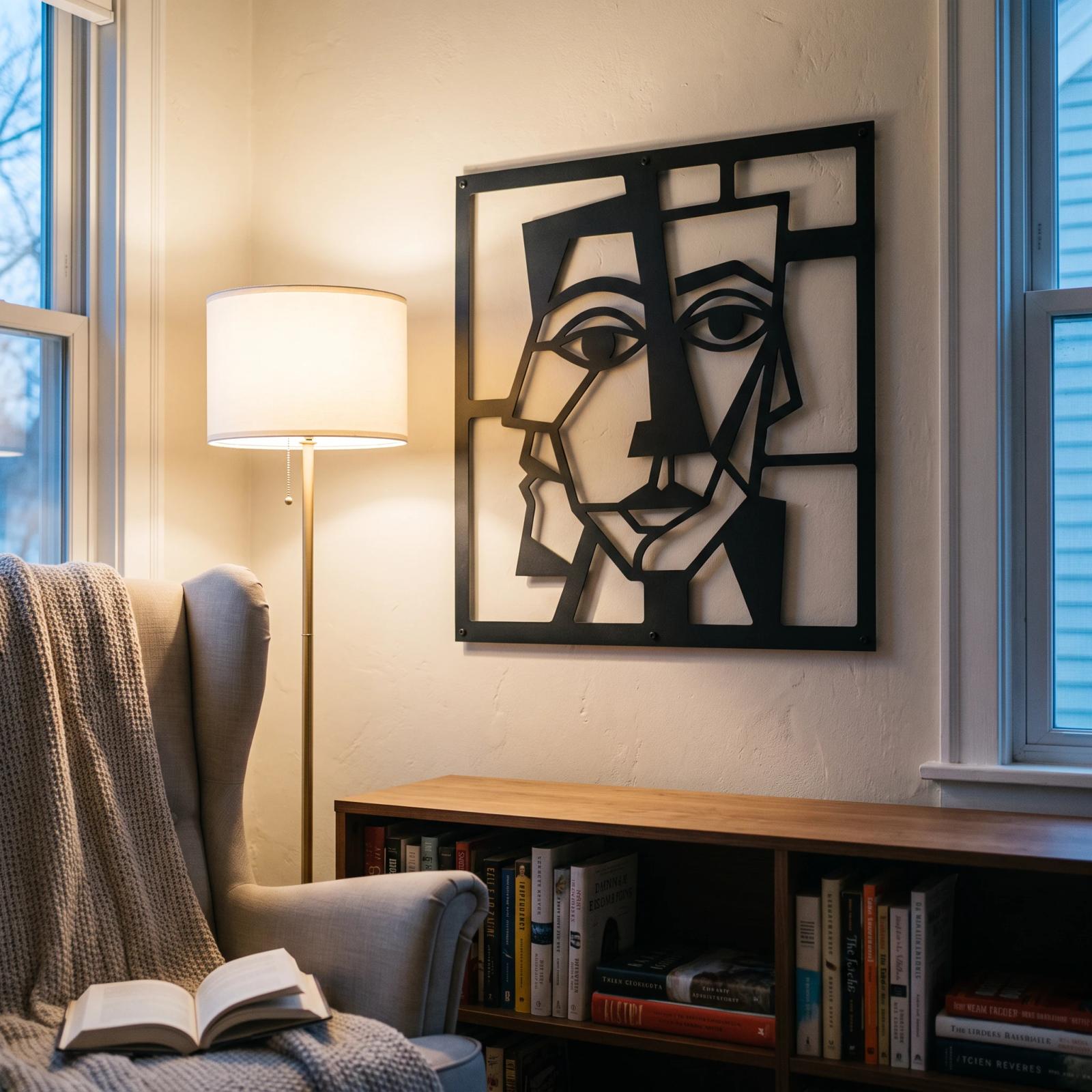Cubist Face Metal Wall Art – Fractured Gaze, Modern Living Room Decor — 6