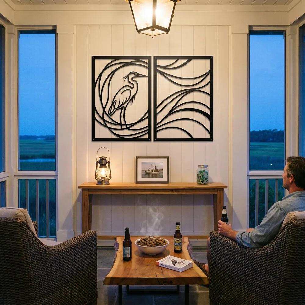 Heron Metal Wall Art – Coastal Line Art Diptych, Lake House Decor — 2