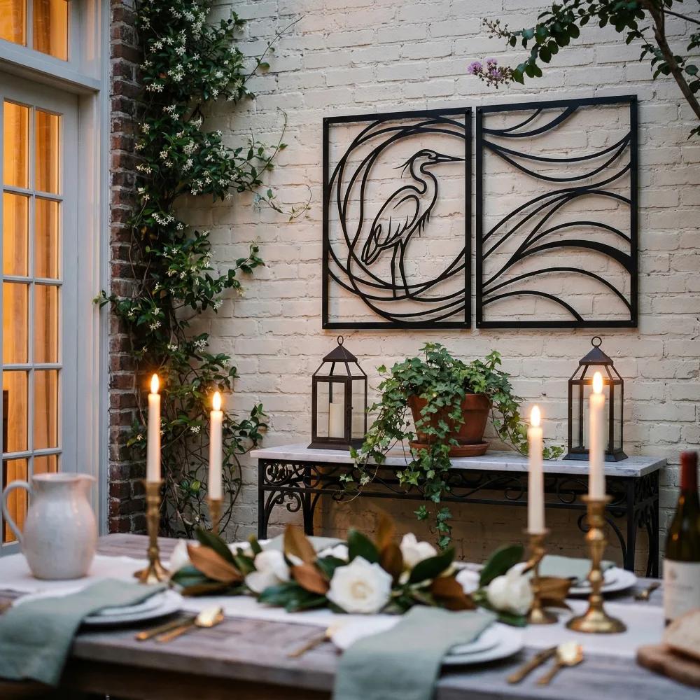 Heron Metal Wall Art – Coastal Line Art Diptych, Lake House Decor