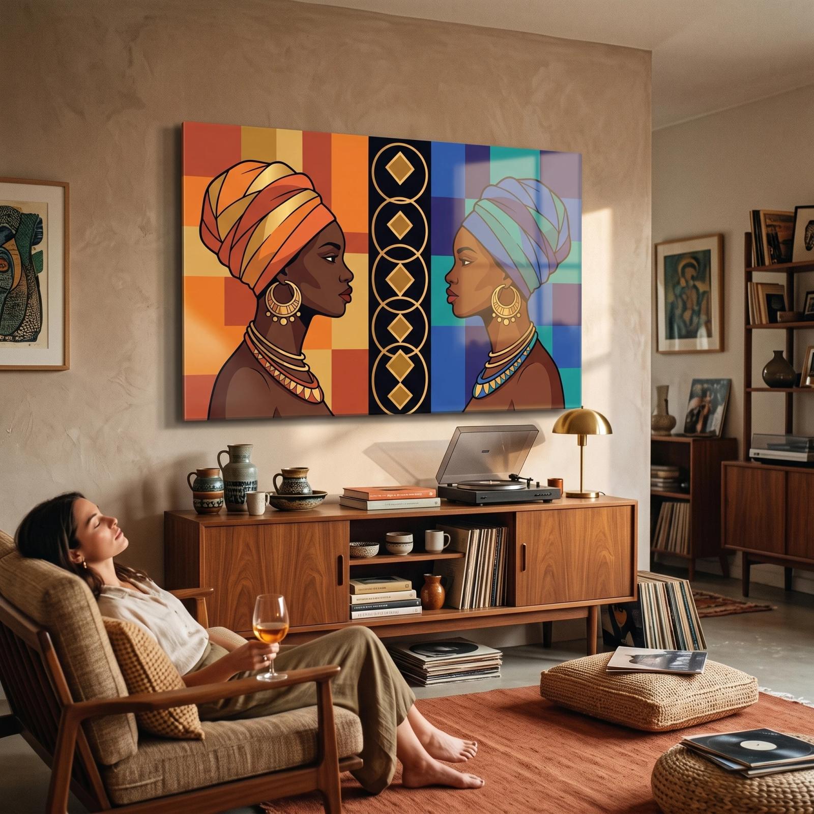 African Women Profile Glass Wall Art Dual Portrait | Glass Wall Art