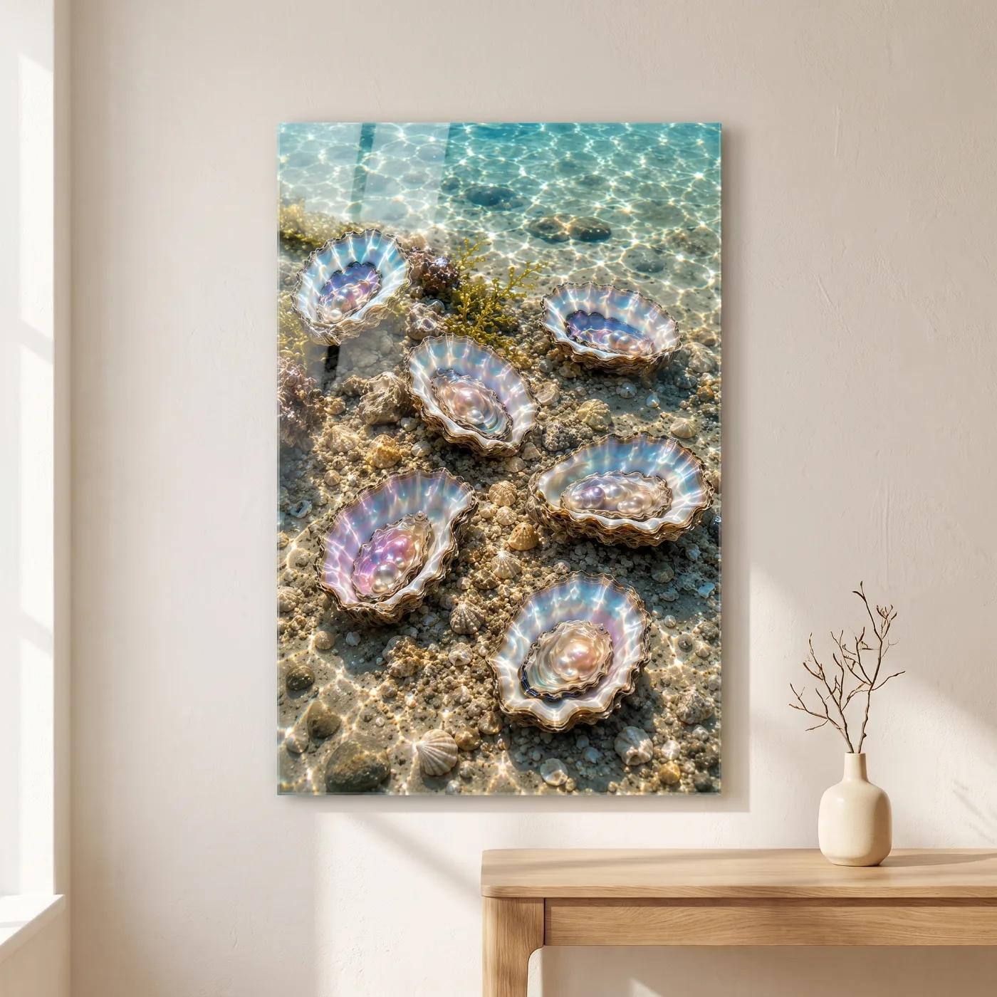 Pearl Shell Wall Art Iridescent Ocean Decor | Glass Wall Art