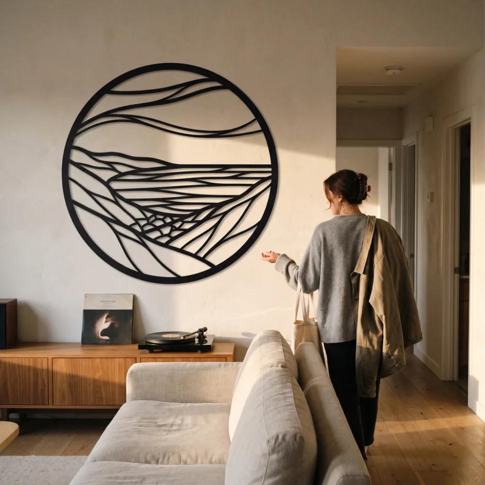 Round Landscape Metal Wall Art – Still Horizon, Modern Living Room Mountain Decor — 4