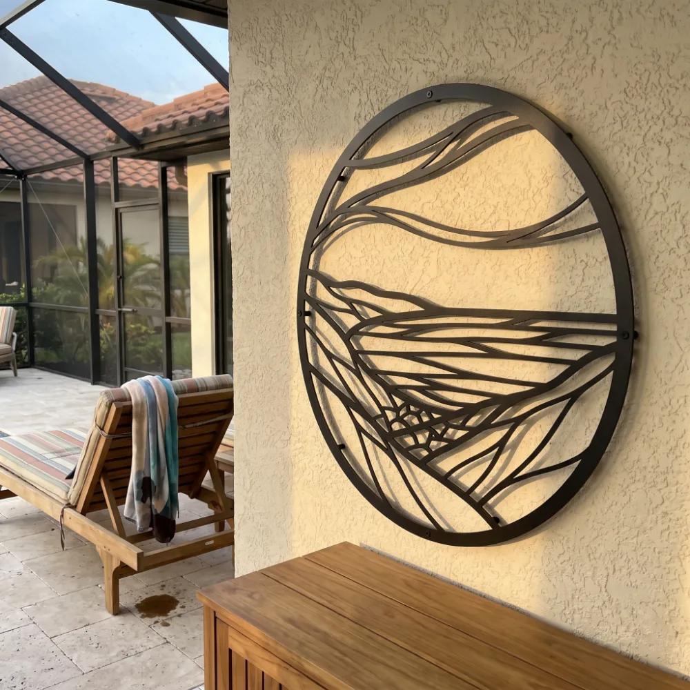 Round Landscape Metal Wall Art – Still Horizon, Modern Living Room Mountain Decor