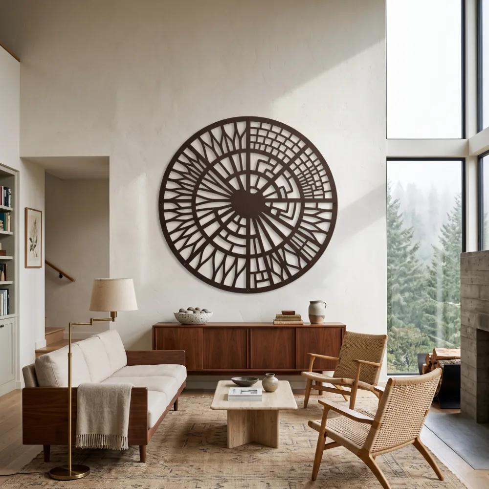 Circular Mosaic Mandala Metal Wall Art – Strata Rosette, Modern Living Room Decor