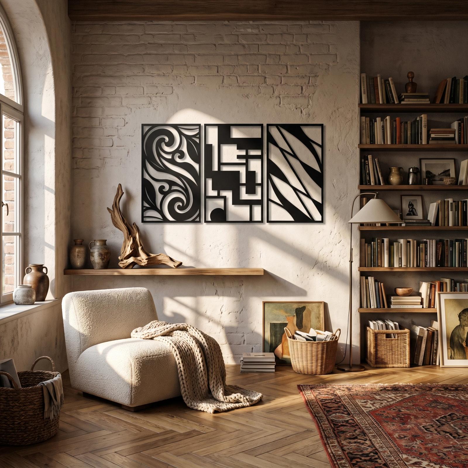 Abstract Wave Geometric Metal Wall Art Triptych – Tidal Grid, Modern Living Room Decor — 4