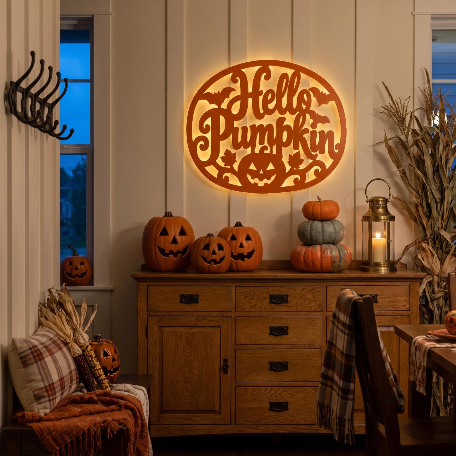 Hello Pumpkin Halloween LED Metal Wall Art – Autumn Glow, Front Porch Entryway Decor