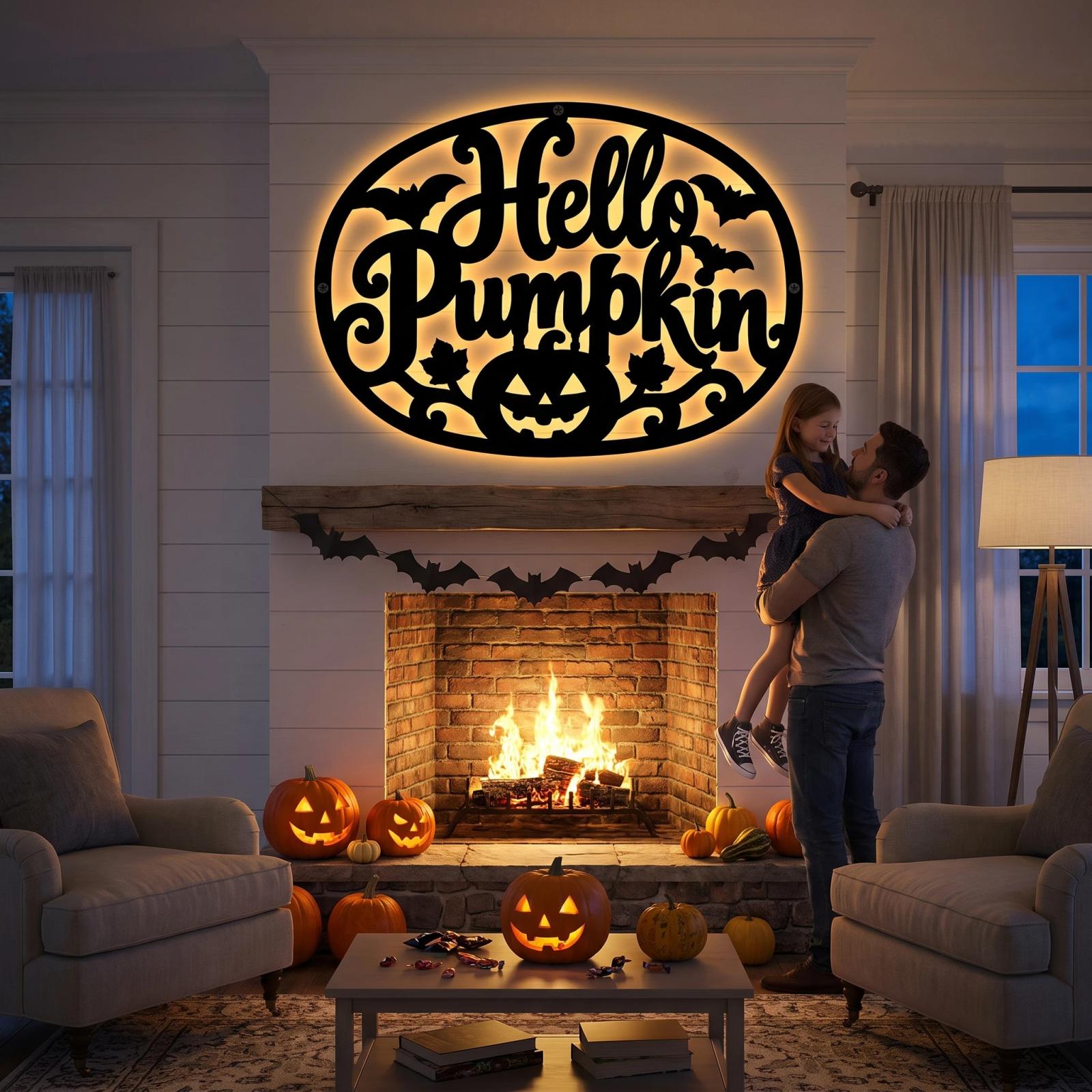 Hello Pumpkin Halloween LED Metal Wall Art – Autumn Glow, Front Porch Entryway Decor — 2
