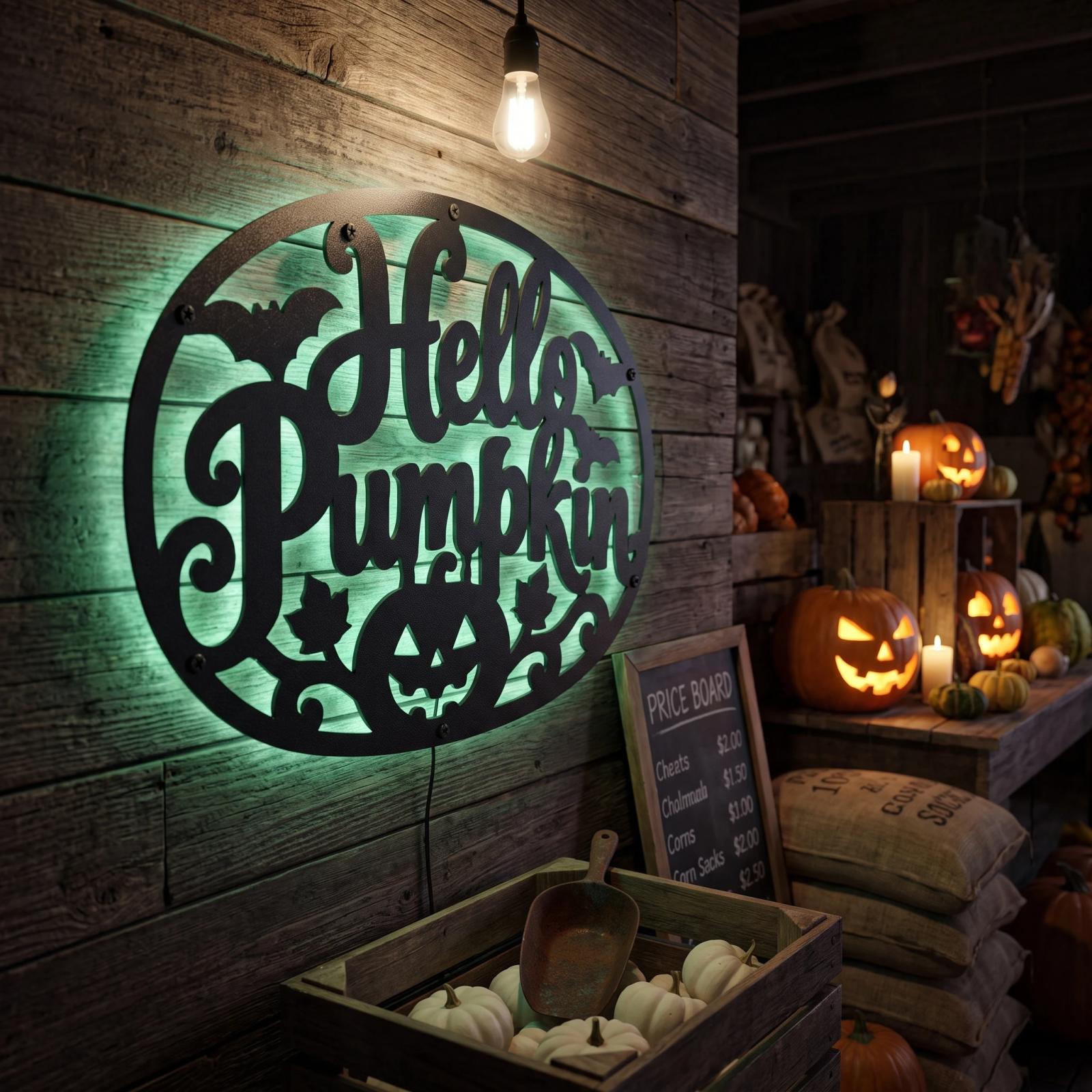 Hello Pumpkin Halloween LED Metal Wall Art – Autumn Glow, Front Porch Entryway Decor — 3