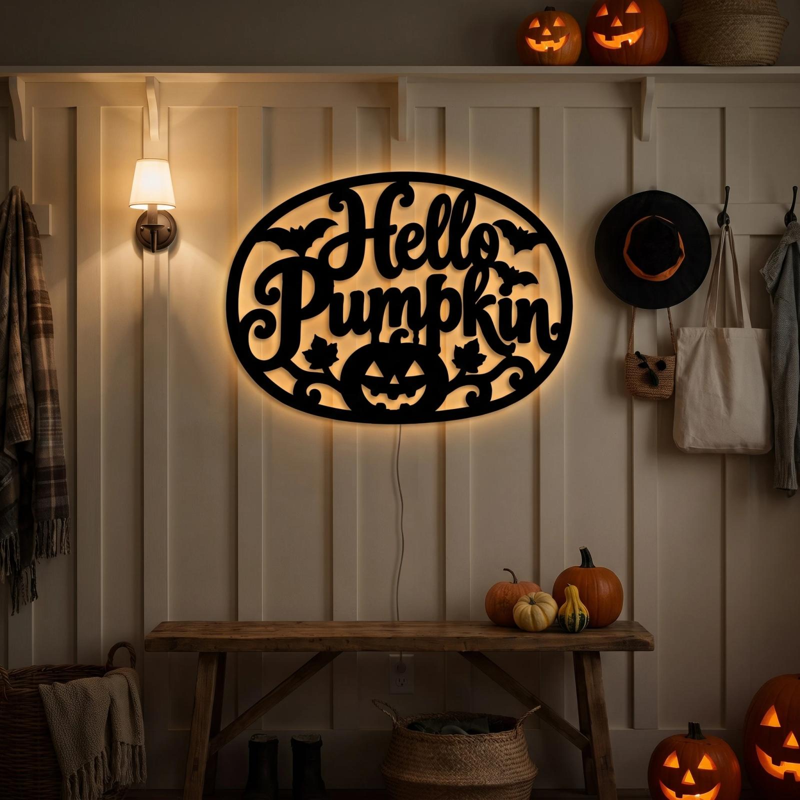 Hello Pumpkin Halloween LED Metal Wall Art – Autumn Glow, Front Porch Entryway Decor — 4