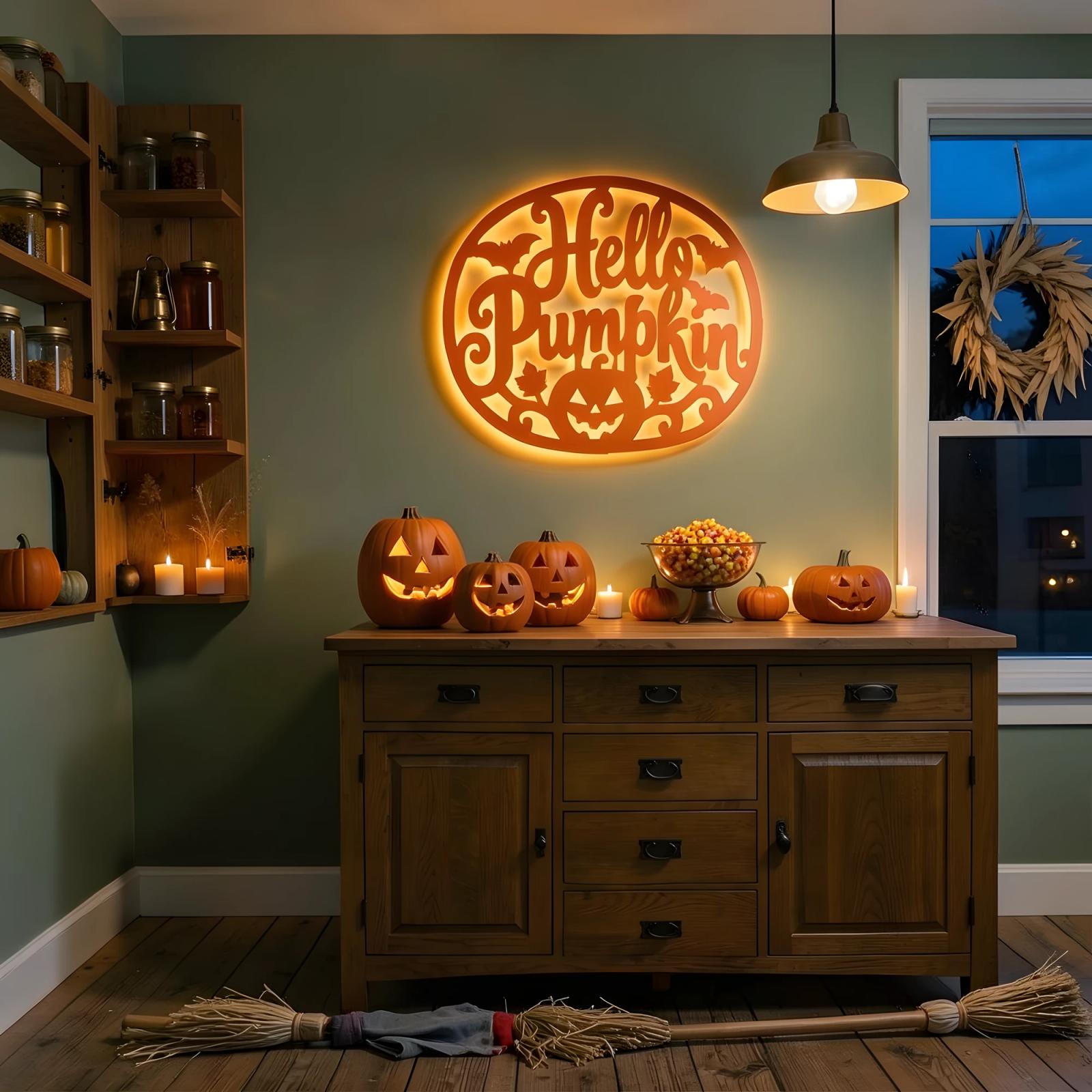 Hello Pumpkin Halloween LED Metal Wall Art – Autumn Glow, Front Porch Entryway Decor — 5