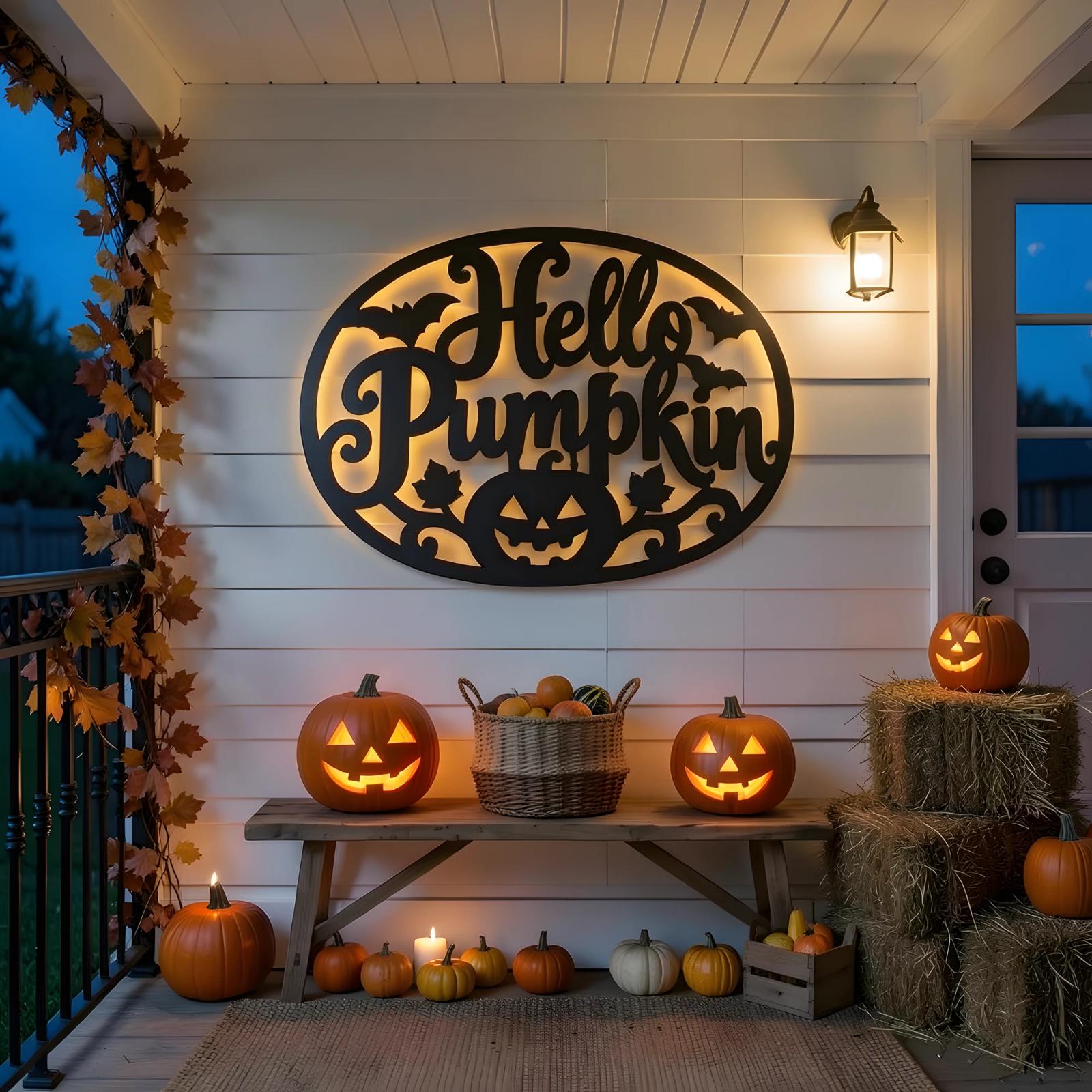 Hello Pumpkin Halloween LED Metal Wall Art – Autumn Glow, Front Porch Entryway Decor — 6